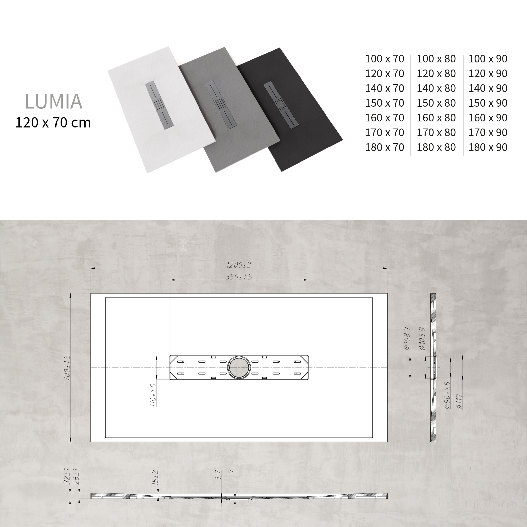 LUMIA - Piatto doccia grigio antiscivolo, resistente e durevole - Incl. sifone e griglia inox