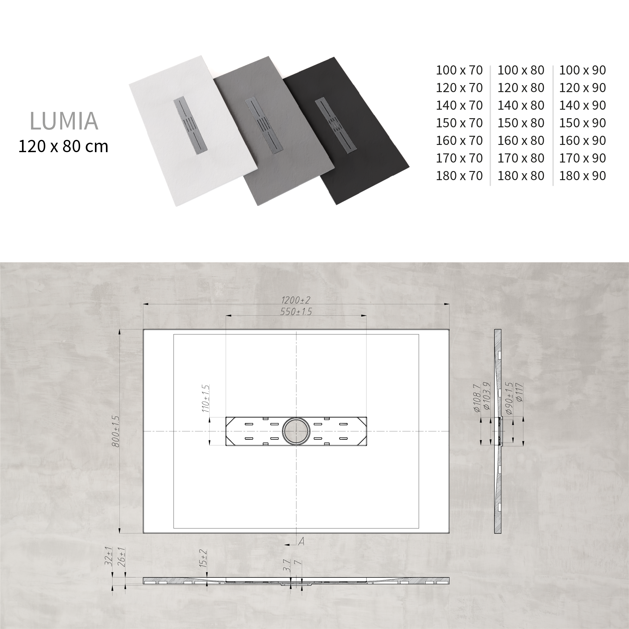 LUMIA - Piatto doccia nero antiscivolo, resistente e durevole - Incl. sifone e griglia inox
