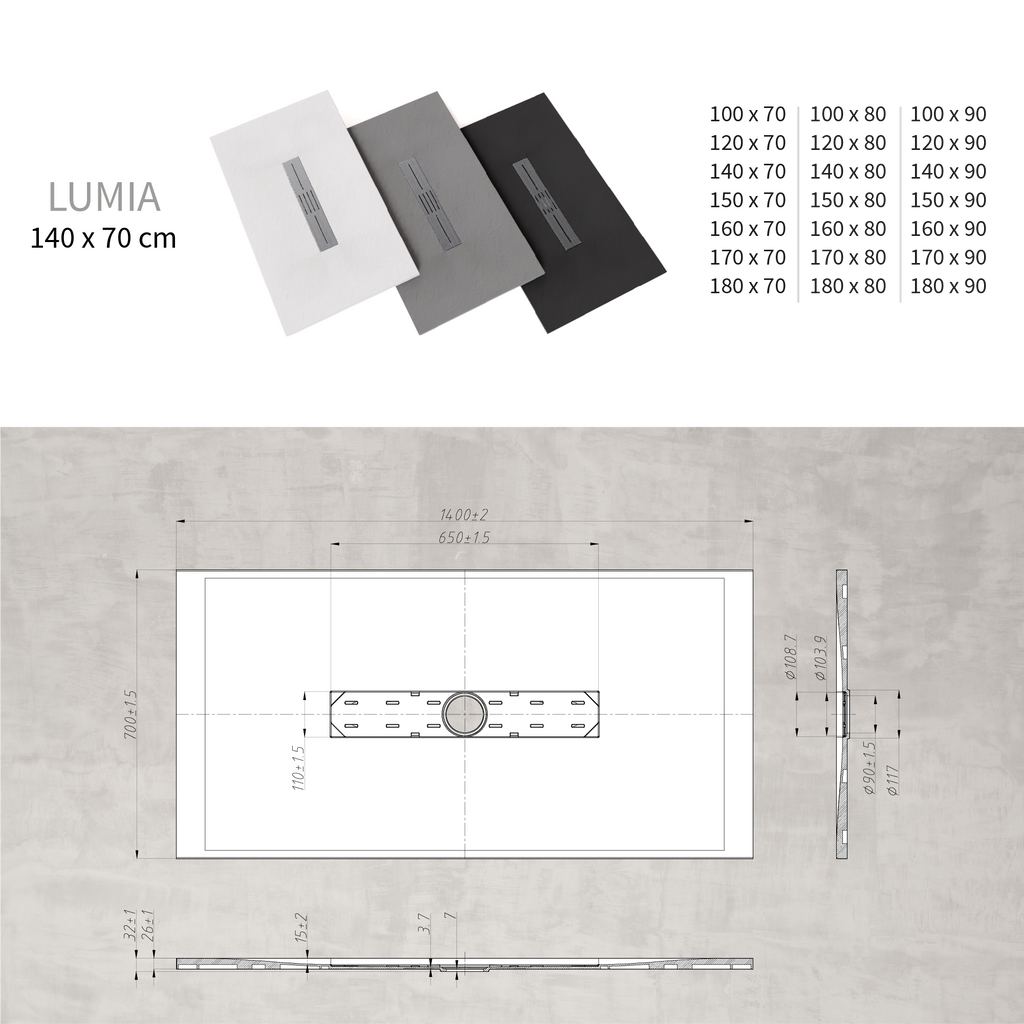 LUMIA - Piatto doccia nero antiscivolo, resistente e durevole - Incl. sifone e griglia inox