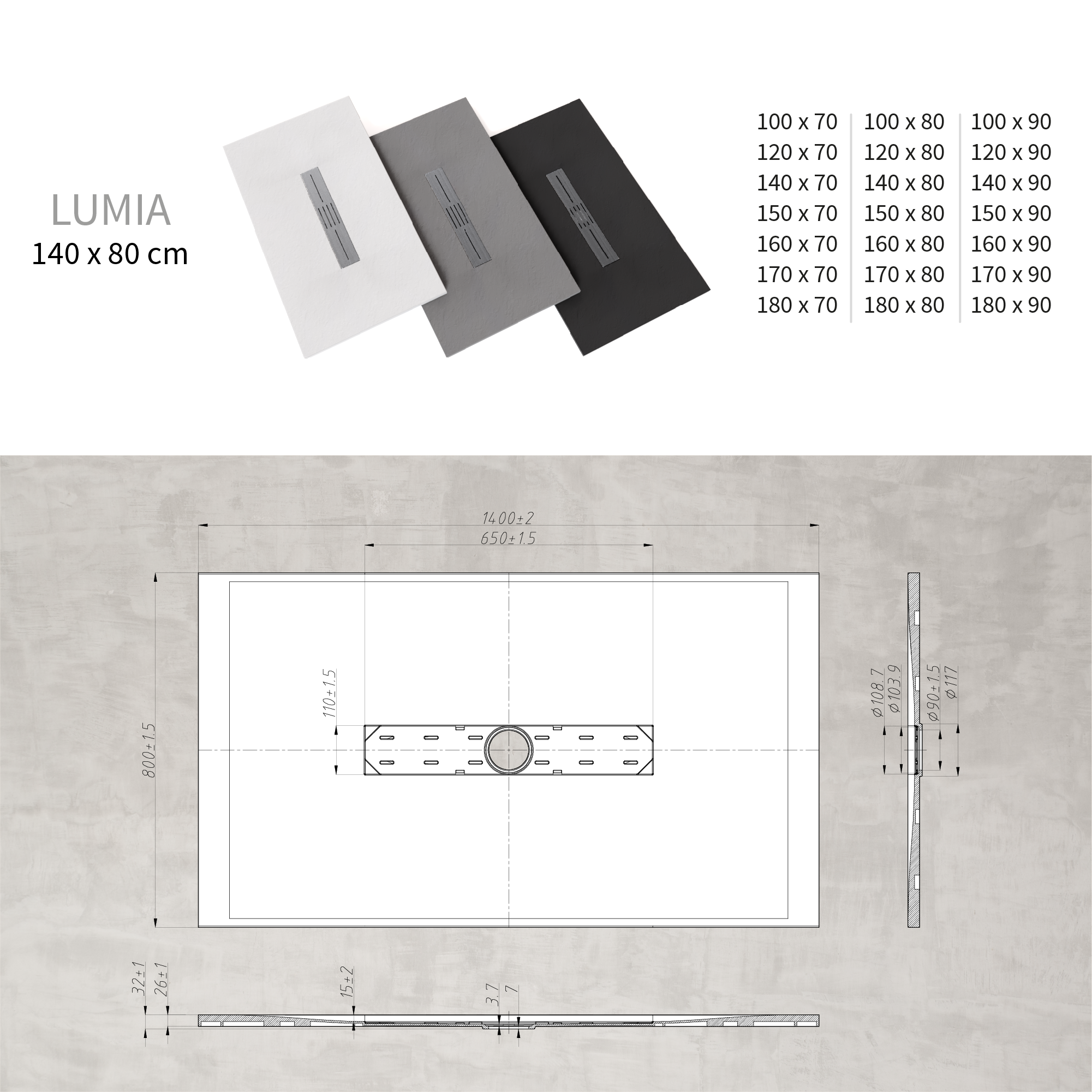 LUMIA - Piatto doccia nero antiscivolo, resistente e durevole - Incl. sifone e griglia inox