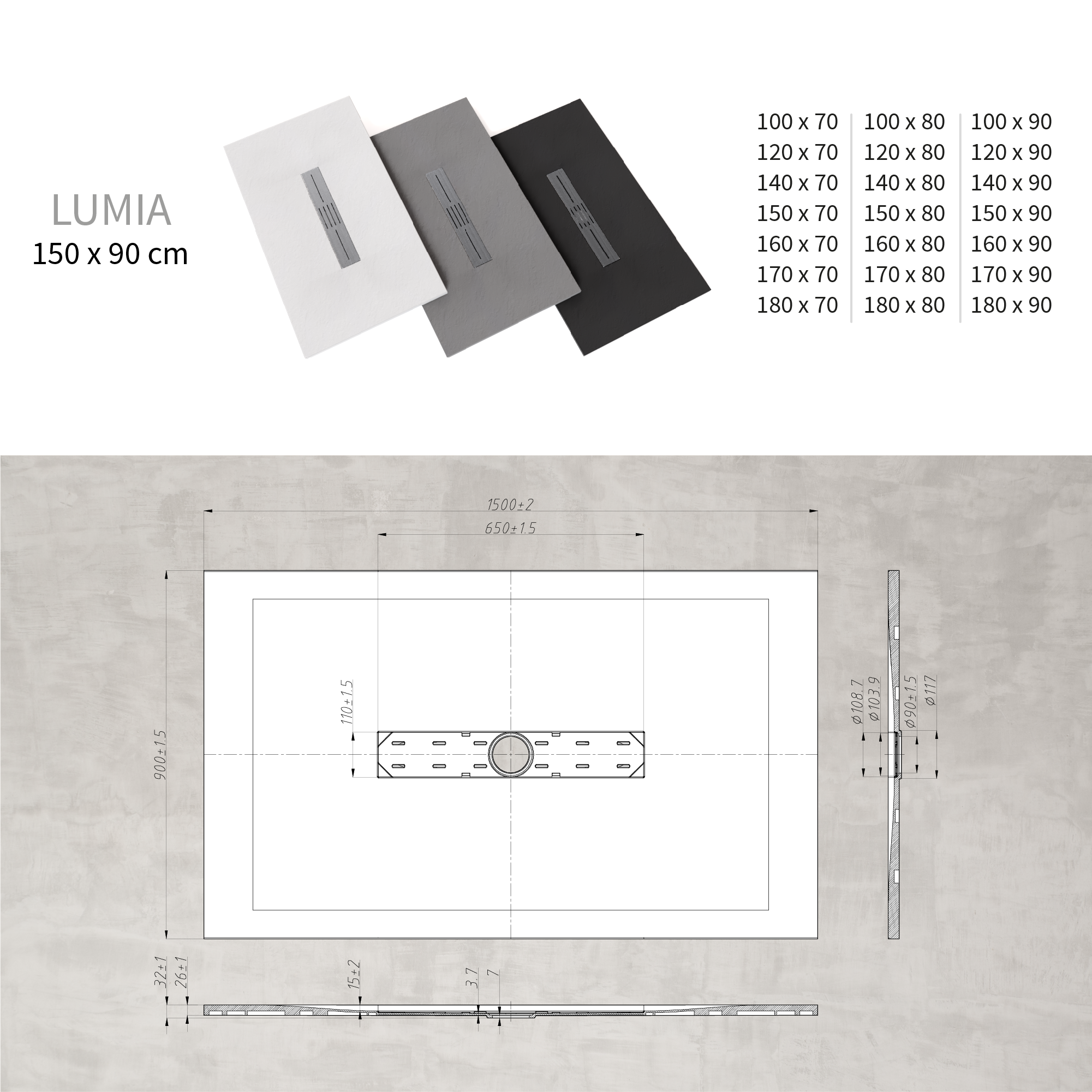 LUMIA - Piatto doccia nero antiscivolo, resistente e durevole - Incl. sifone e griglia inox