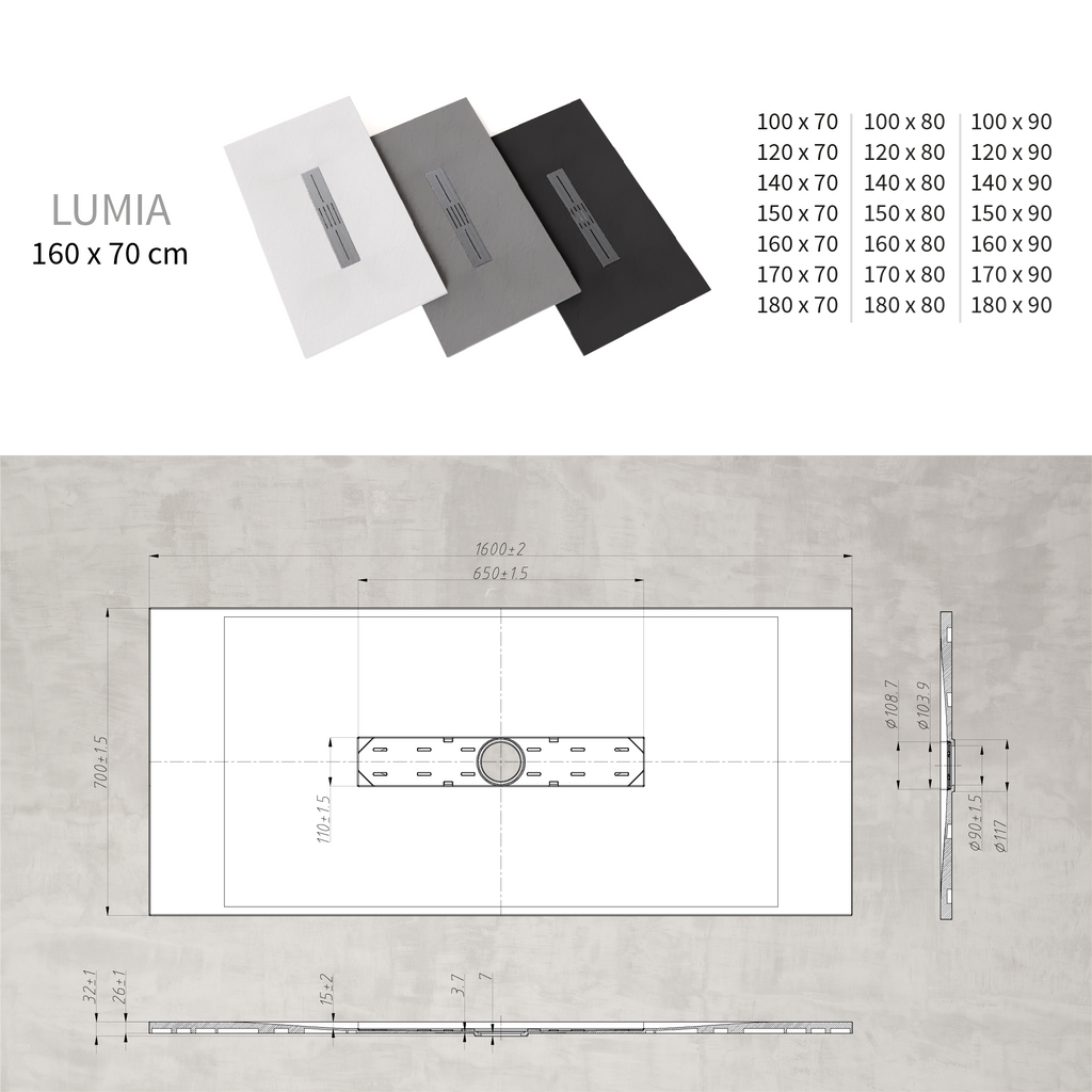 LUMIA - Piatto doccia nero antiscivolo, resistente e durevole - Incl. sifone e griglia inox