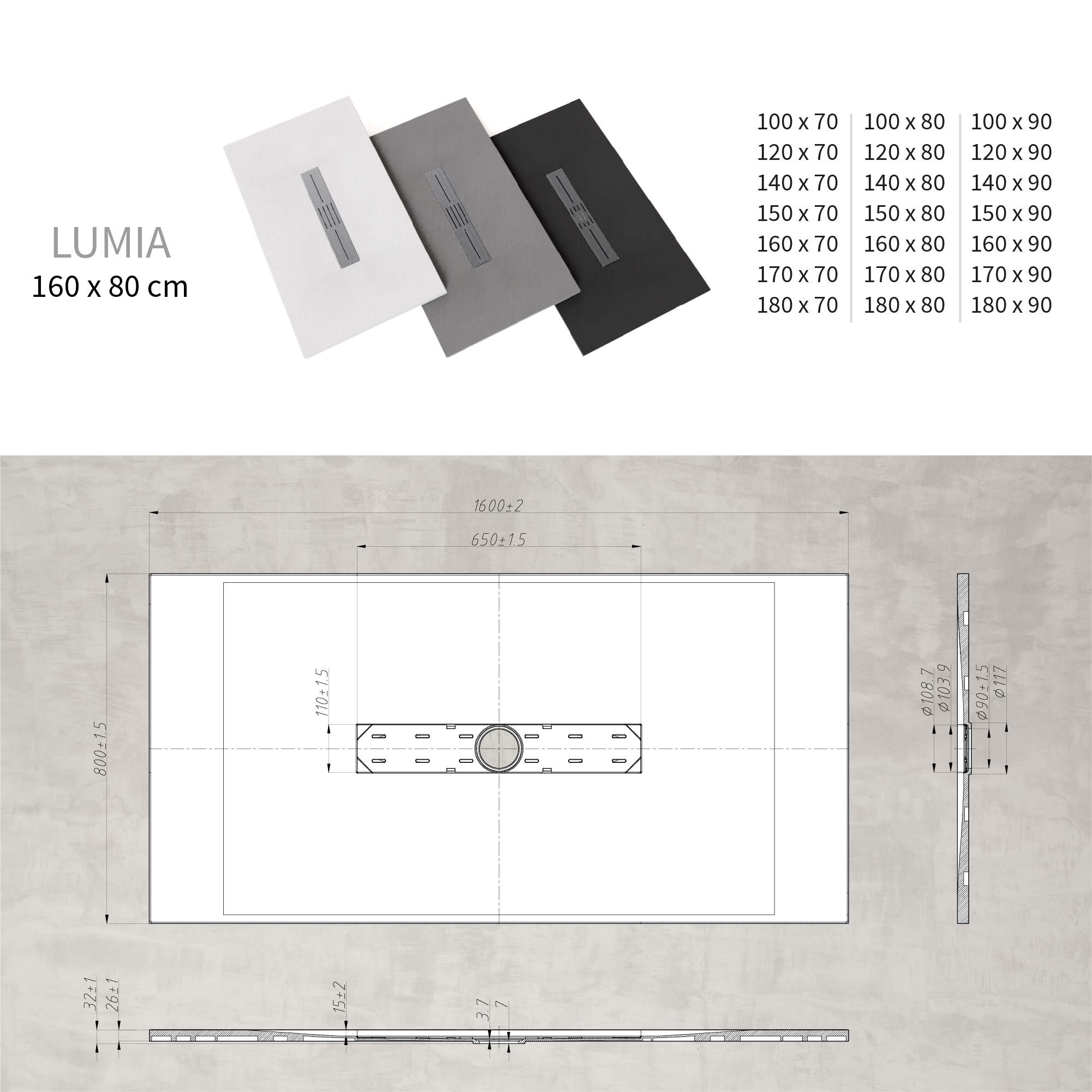 LUMIA - Piatto doccia nero antiscivolo, resistente e durevole - Incl. sifone e griglia inox