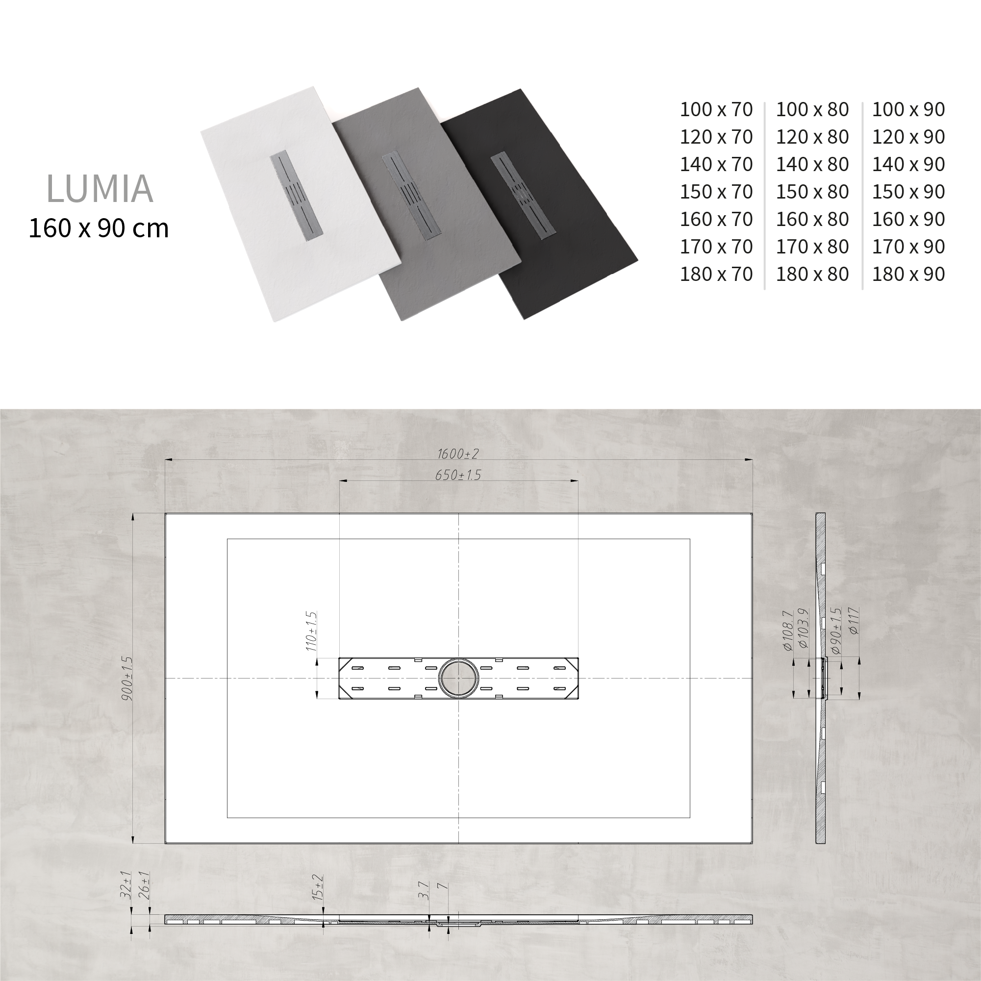 LUMIA - Piatto doccia nero antiscivolo, resistente e durevole - Incl. sifone e griglia inox