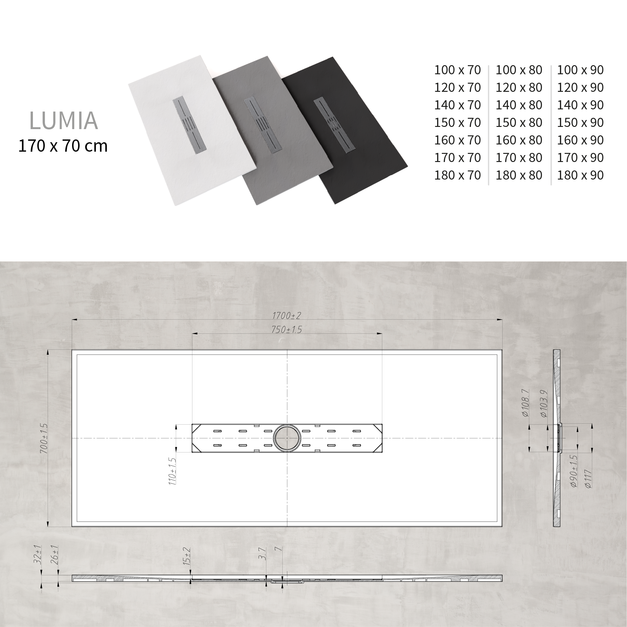 LUMIA - Piatto doccia nero antiscivolo, resistente e durevole - Incl. sifone e griglia inox