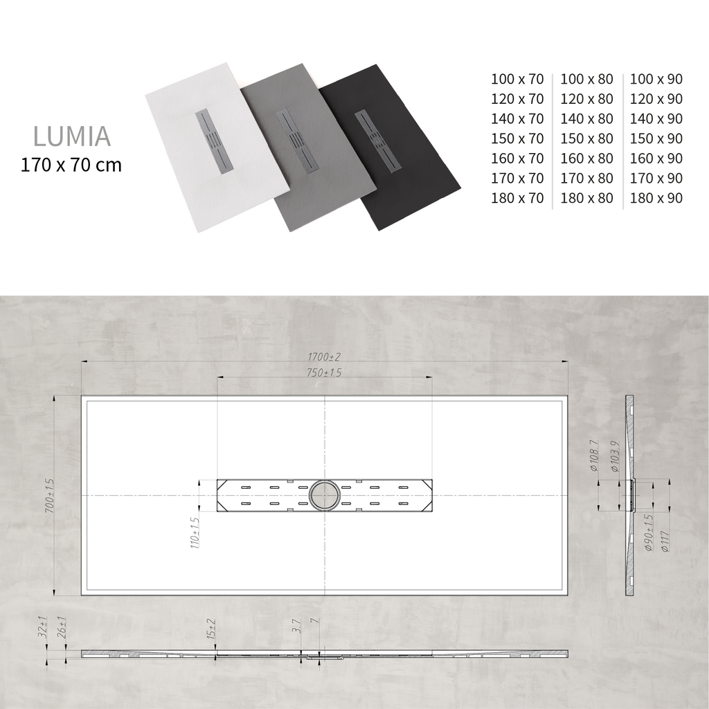 LUMIA - Piatto doccia grigio antiscivolo, resistente e durevole - Incl. sifone e griglia inox
