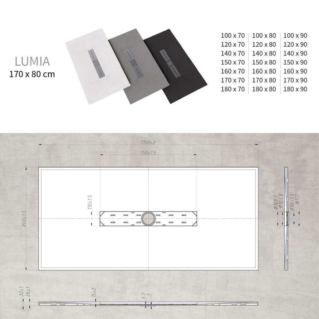 LUMIA - Piatto doccia nero antiscivolo, resistente e durevole - Incl. sifone e griglia inox