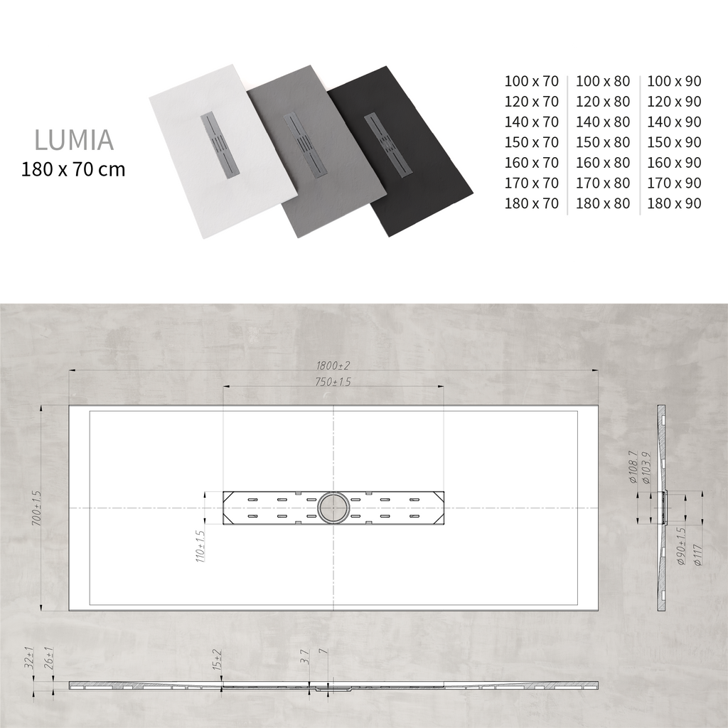 LUMIA - Piatto doccia grigio antiscivolo, resistente e durevole - Incl. sifone e griglia inox