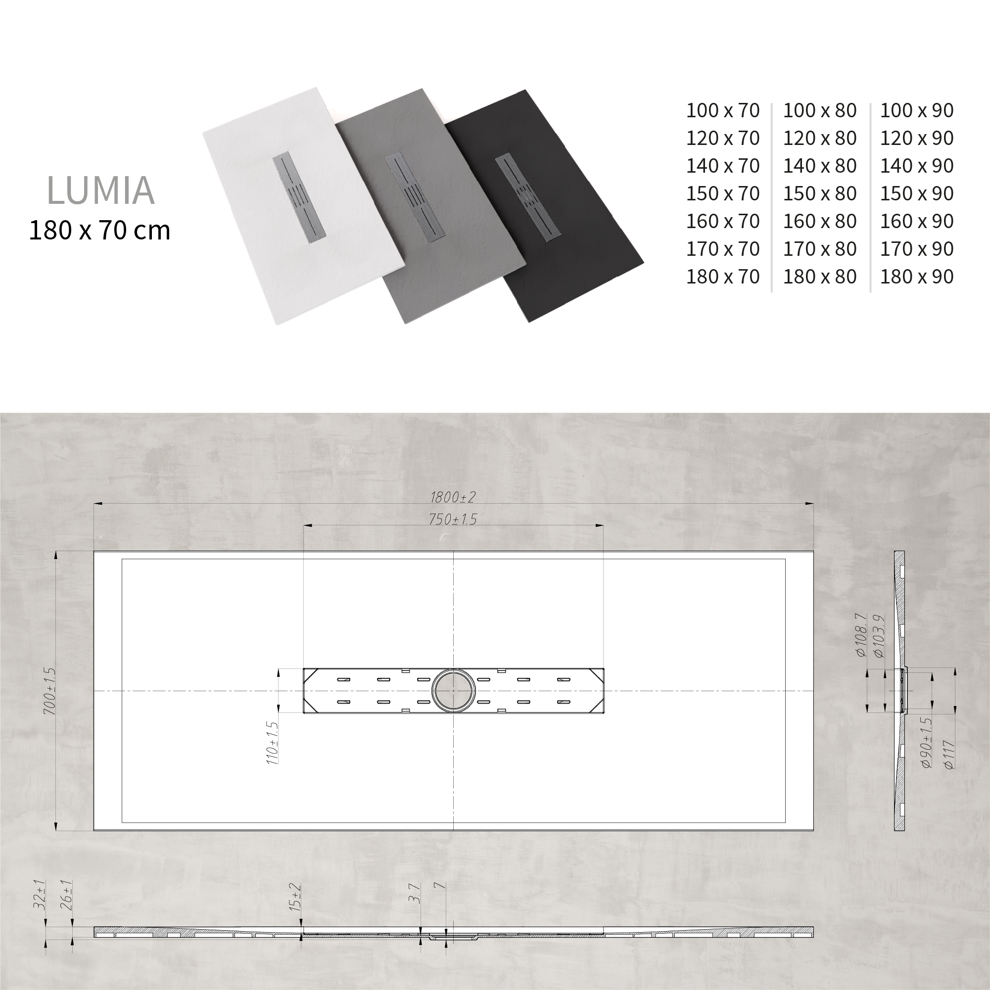 LUMIA - Piatto doccia grigio antiscivolo, resistente e durevole - Incl. sifone e griglia inox
