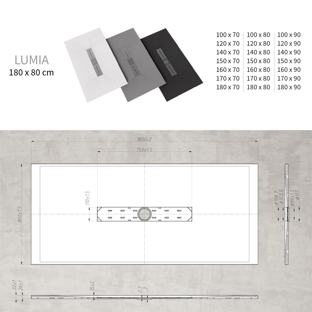 LUMIA - Piatto doccia grigio antiscivolo, resistente e durevole - Incl. sifone e griglia inox