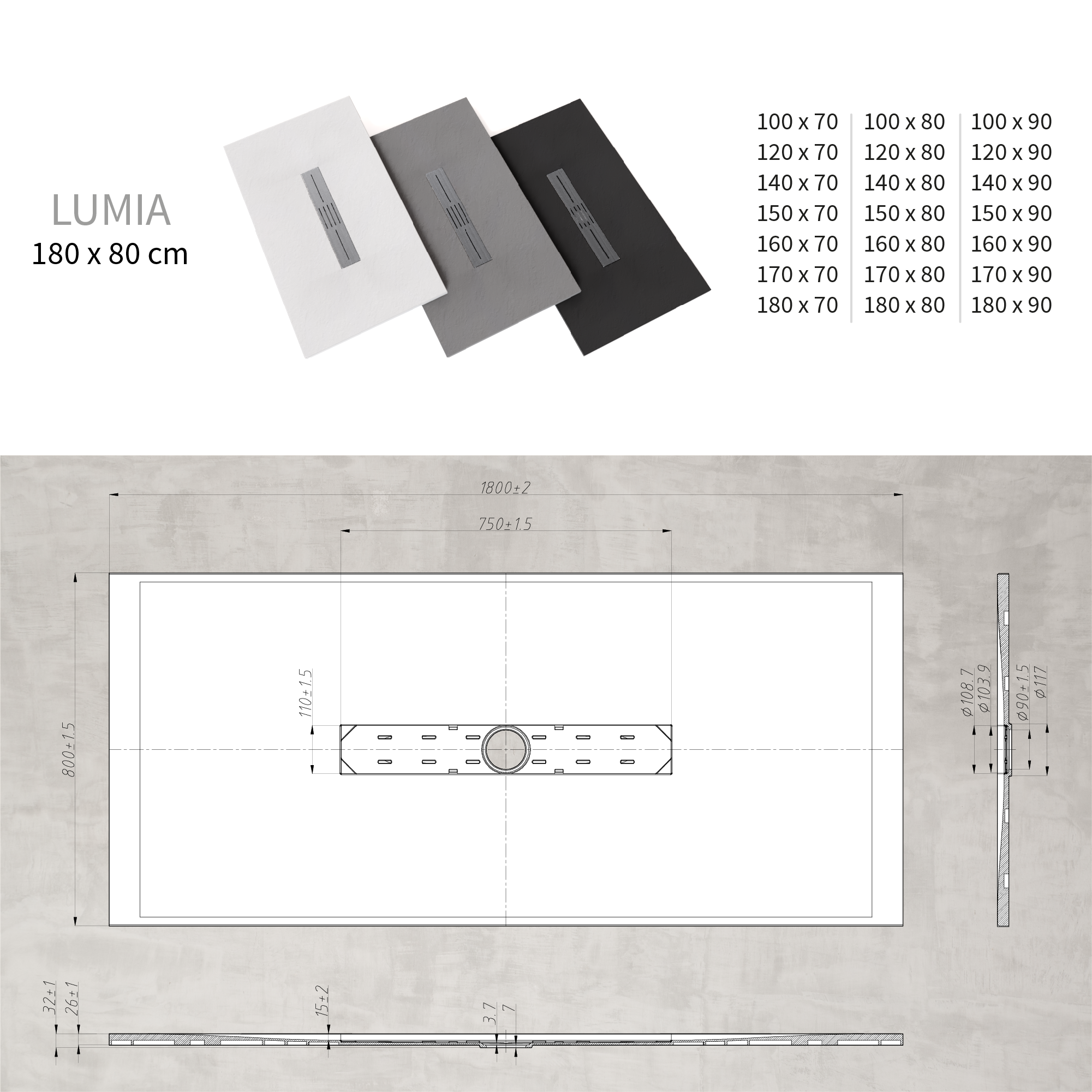 LUMIA - Piatto doccia nero antiscivolo, resistente e durevole - Incl. sifone e griglia inox