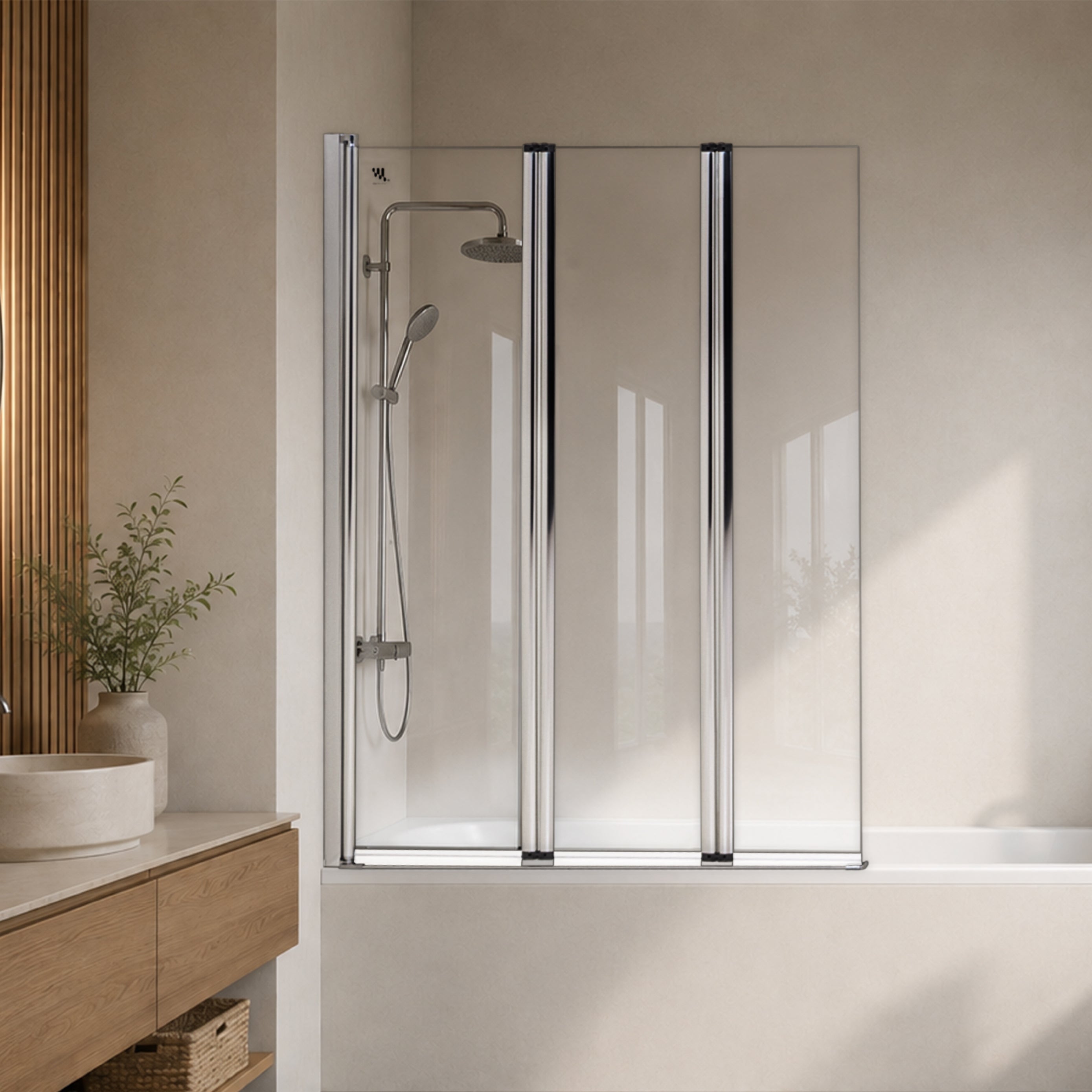 PETRA | Mampara de bañera con 3 paneles abatibles, perfiles cromados y vidrio templado transparente 6 mm ESG Nano