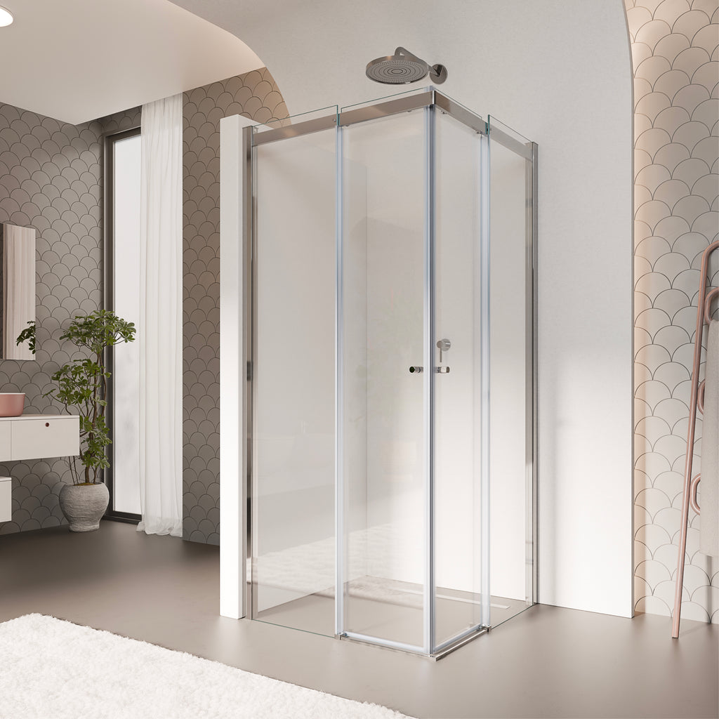 KAYLEE - Cabina de ducha angular con puertas correderas, cristal transparente de 6 mm y perfil cromado