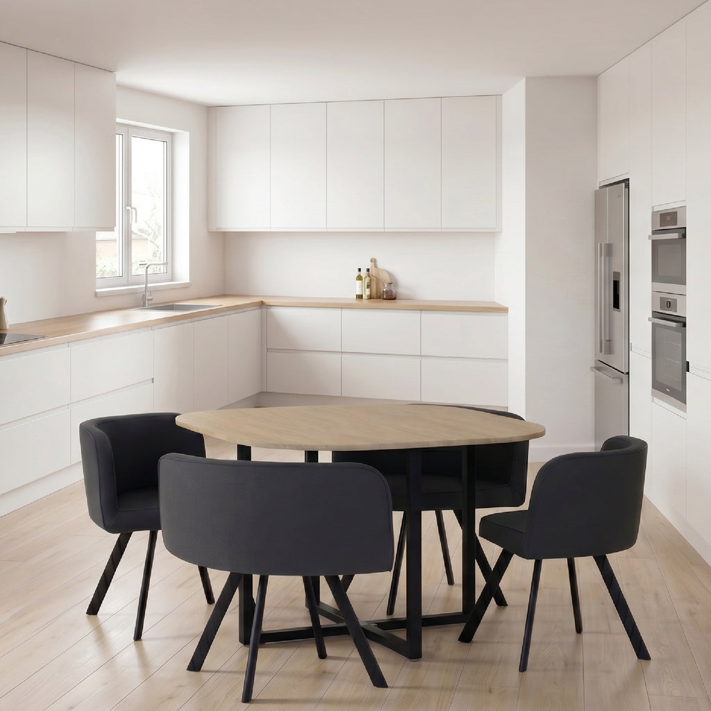 ISMET - Conjunto de mesa e 4 cadeiras de refeição 100 × 100 cm, efeito madeira natural, tecido cinzento e estrutura metálica preta