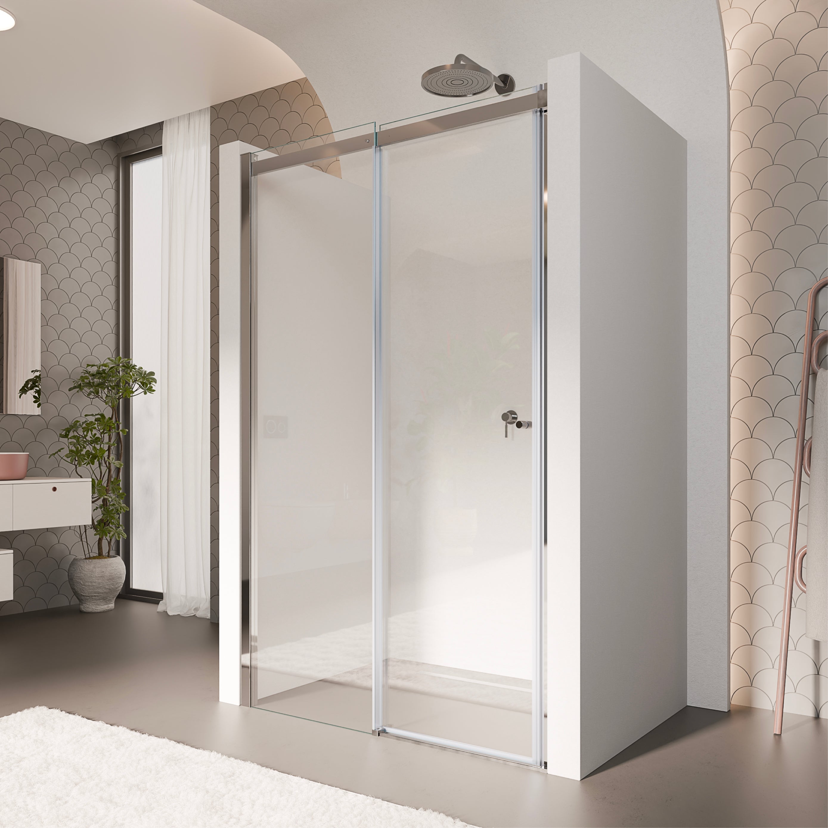 KAYLEE - Porta doccia reversibile con porta scorrevole e lato fisso, profilo cromato e vetro temperato trasparente da 6 mm