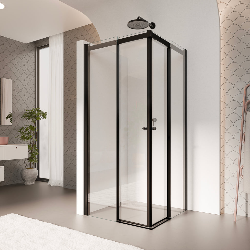 KAYLEE - Cabina de ducha angular con puertas correderas, cristal transparente de 6 mm y perfil negro mate