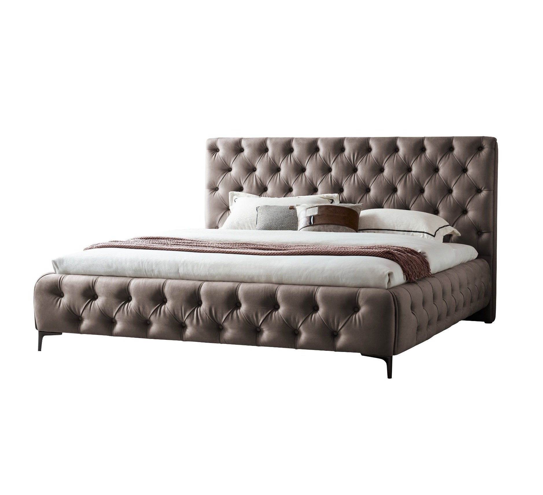 AMOUR – Cama estofada branca ou cinzenta com cabeceira acolchoada, com ou sem cristais