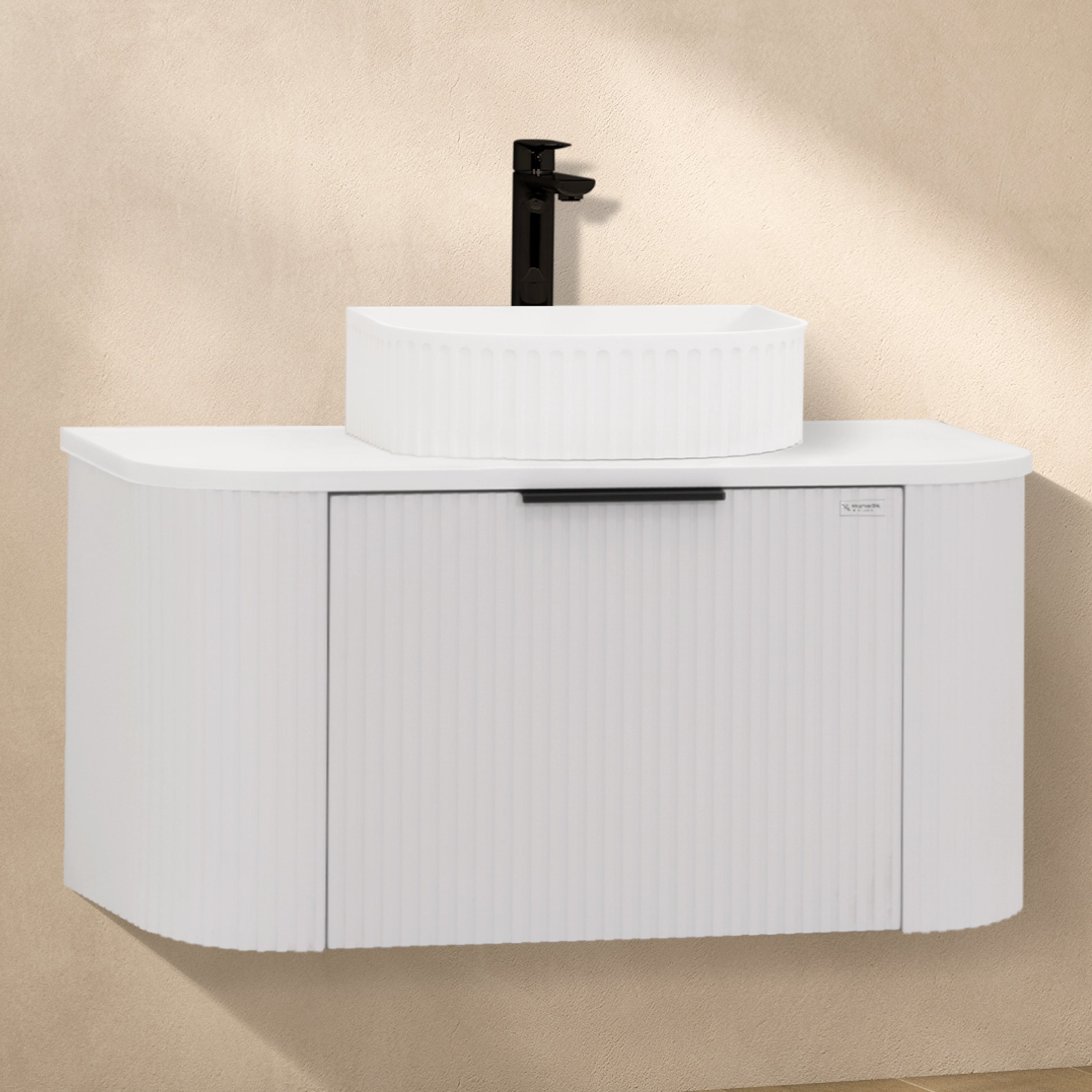 Maia - Mueble de lavabo suspendido con cajones soft-close | 90 cm | Blanco acanalado