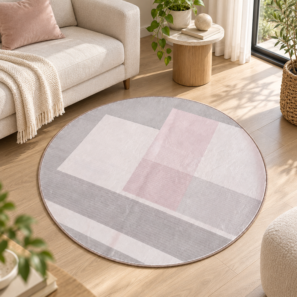 Tapete PINDAR cinzento, rosa e branco — formato redondo