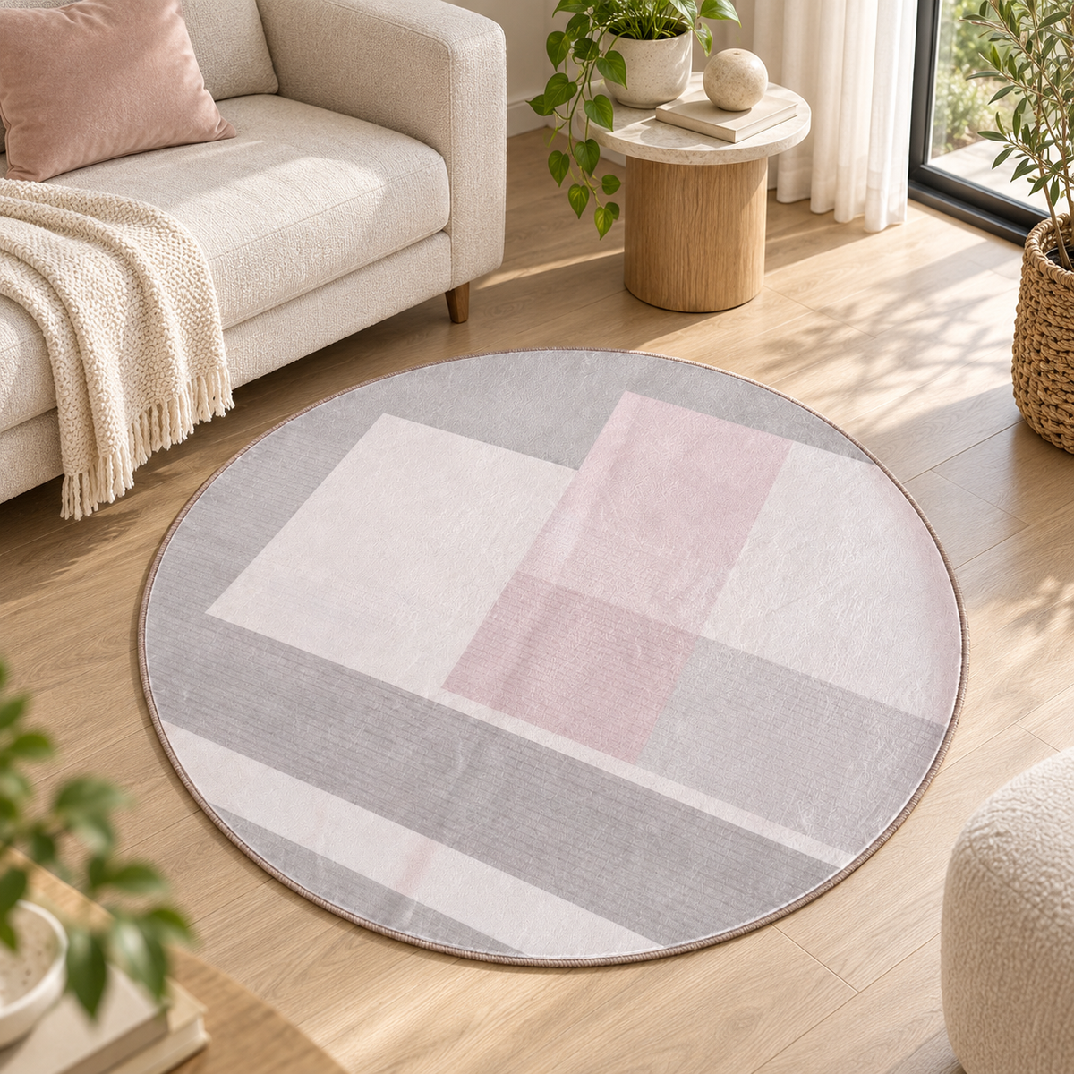 Tapete PINDAR cinzento, rosa e branco — formato redondo