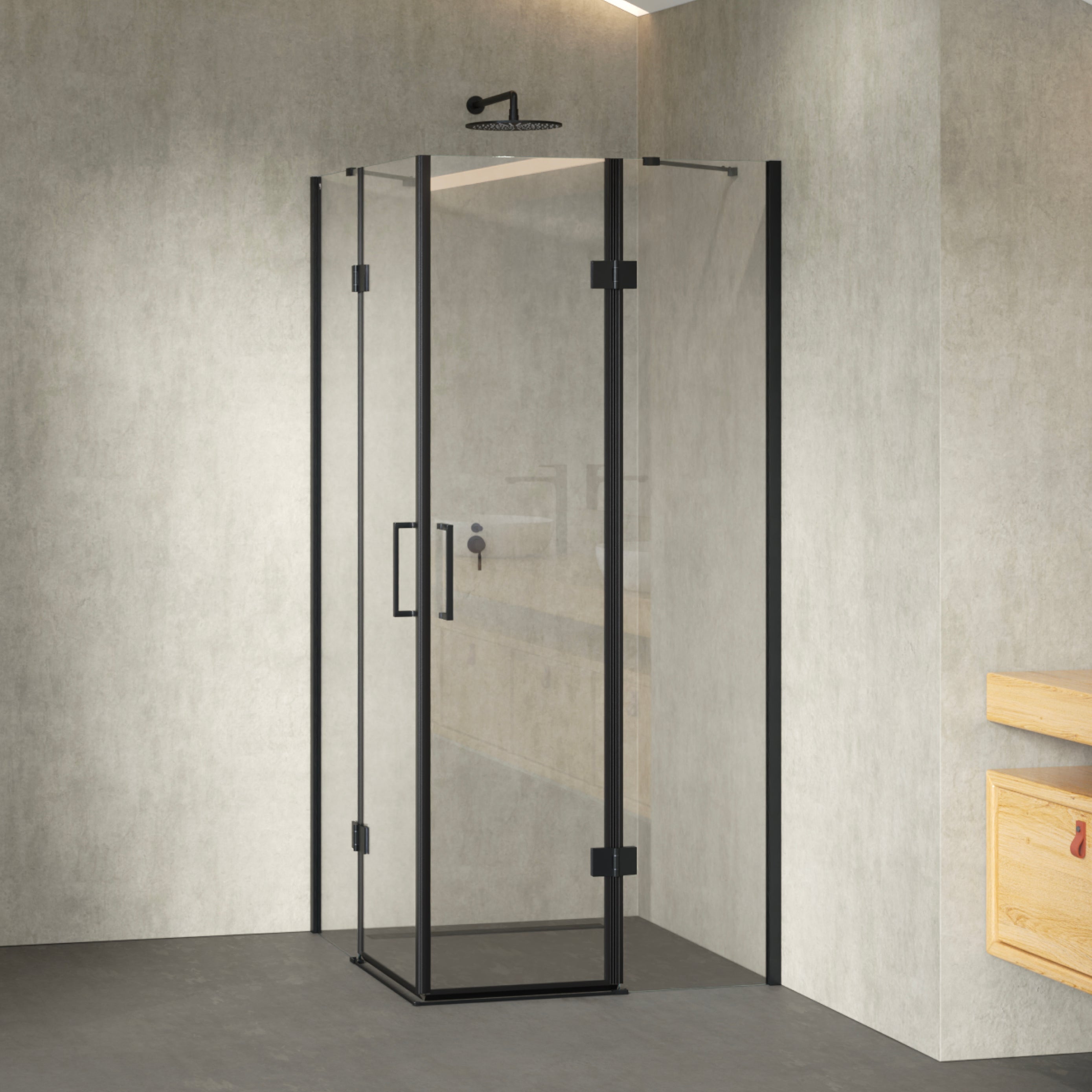 CELINE - Cabine de duche de canto com portas articuladas em vidro temperado e perfis pretos