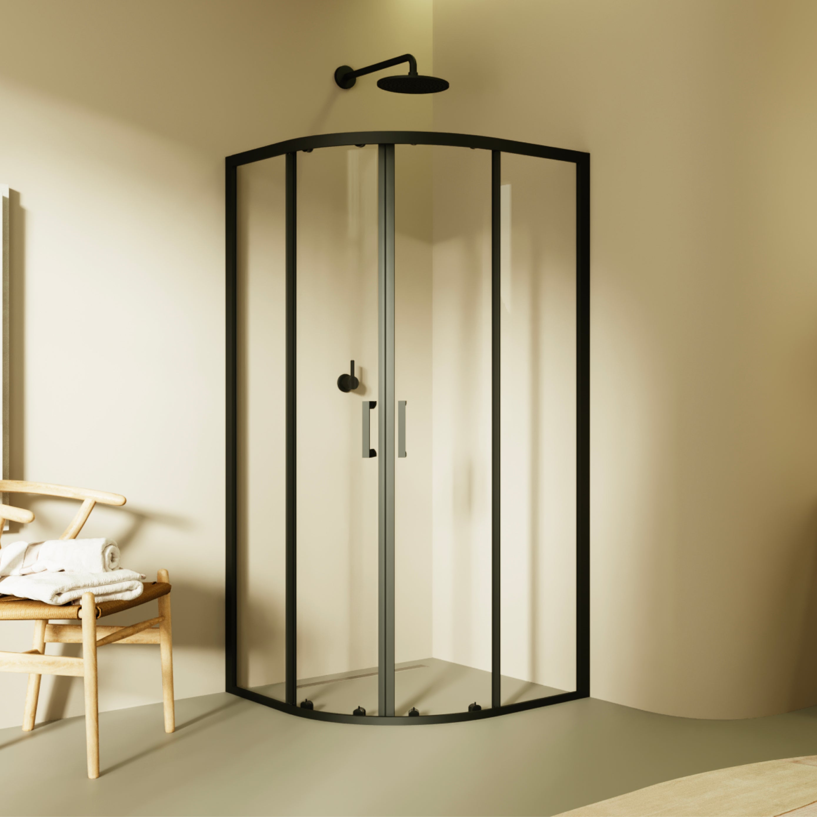 ELLA - Cabina de ducha de cuadrante en vidrio transparente, puertas correderas y perfiles en negro