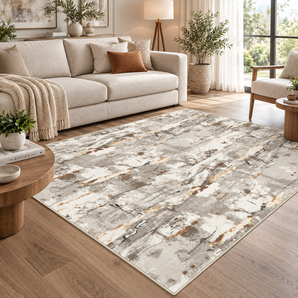 Tappeto STEFAN grigio, beige e dorato — formato rettangolare