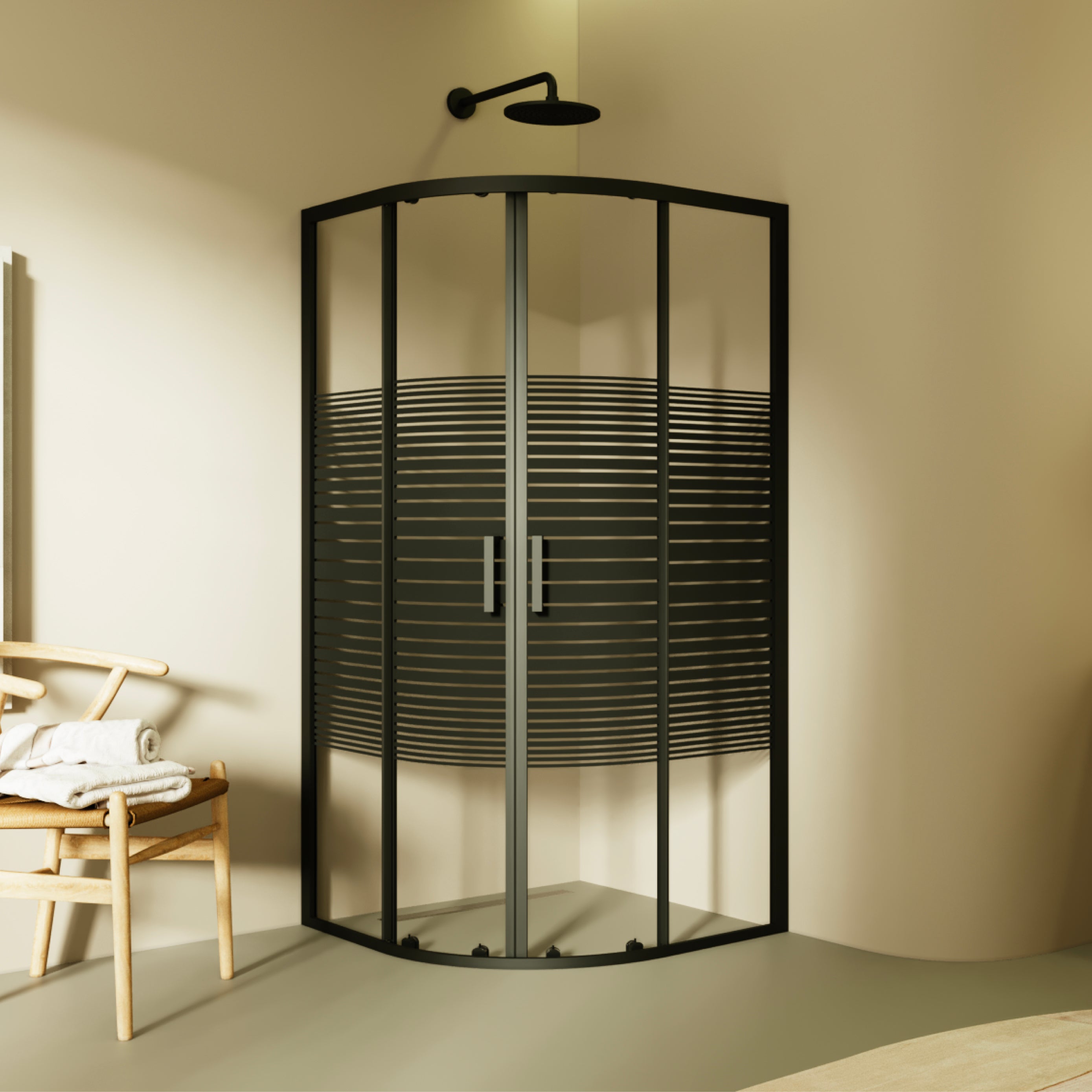 ELLA - Cabina de ducha de cuadrante con vidrio transparente, líneas negras y puertas correderas