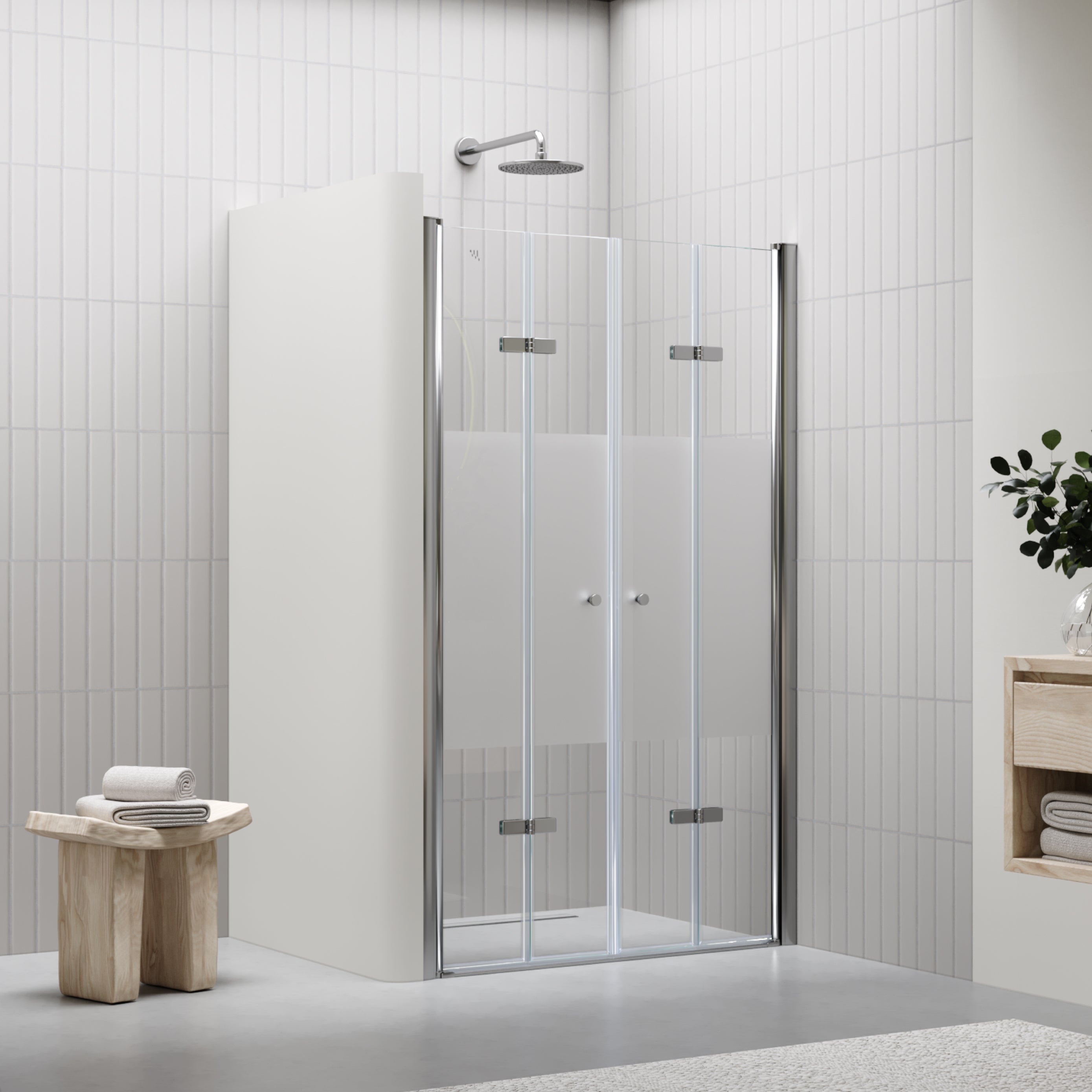 LENA - Frontal de ducha con puertas plegables en vidrio templado parcialmente esmerilado