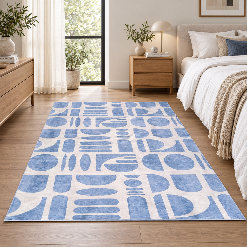 Tapete RUMER azul e branco — formato retangular