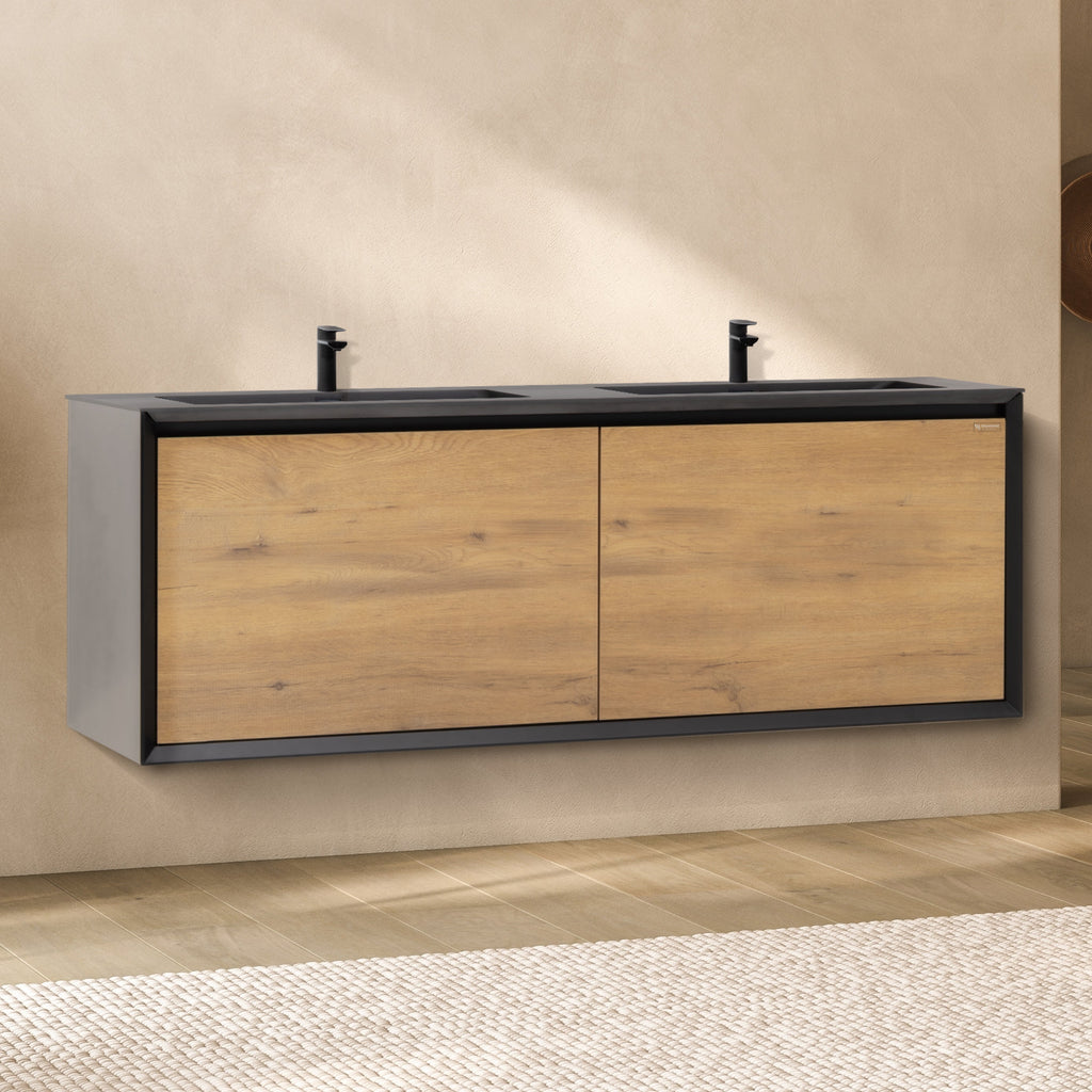 Fidia – Móvel de lavatório duplo suspenso Preto/Carvalho | 150 ou 190 cm