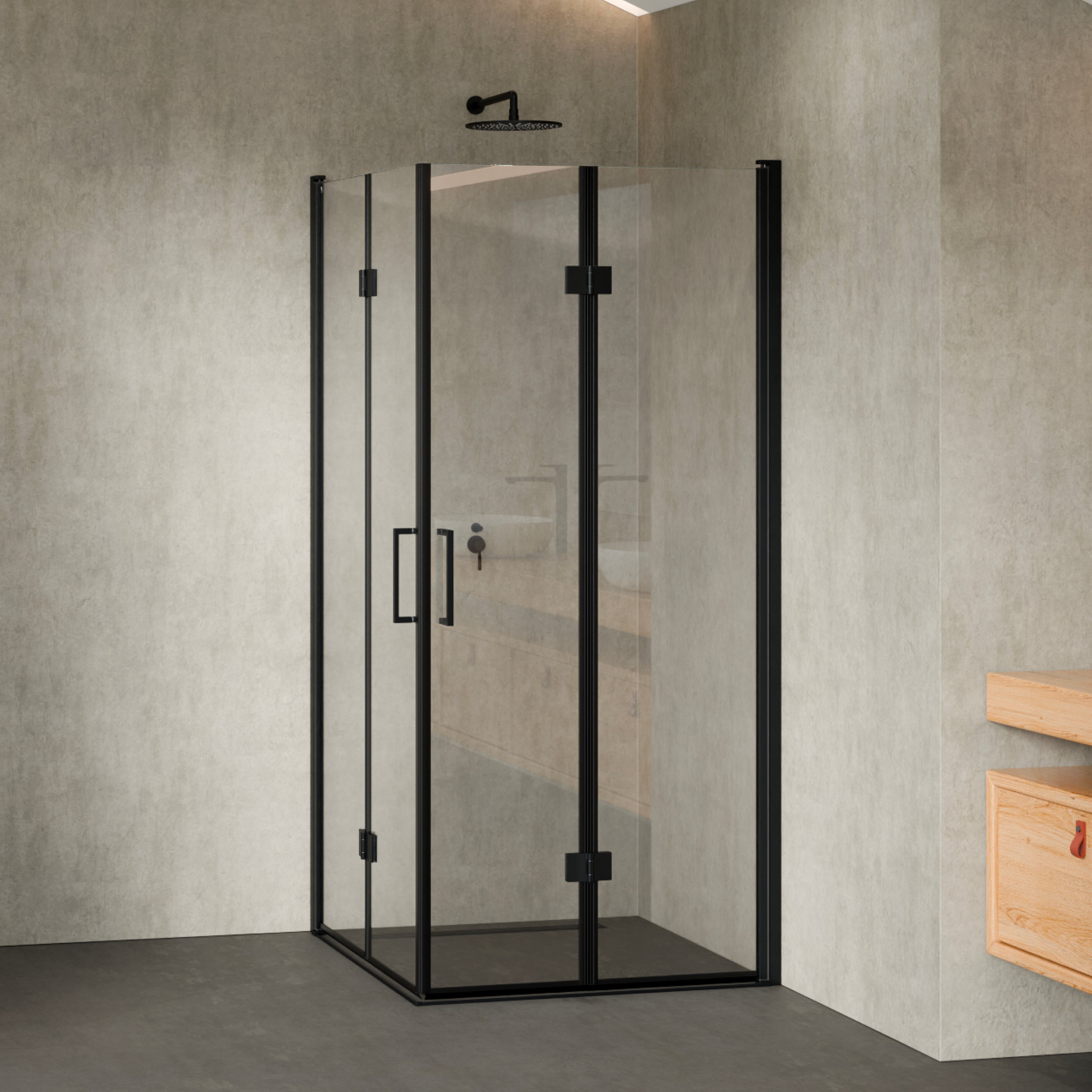 BELLE - Cabina doccia con ingresso ad angolo e porte pieghevoli in vetro temperato e profili neri