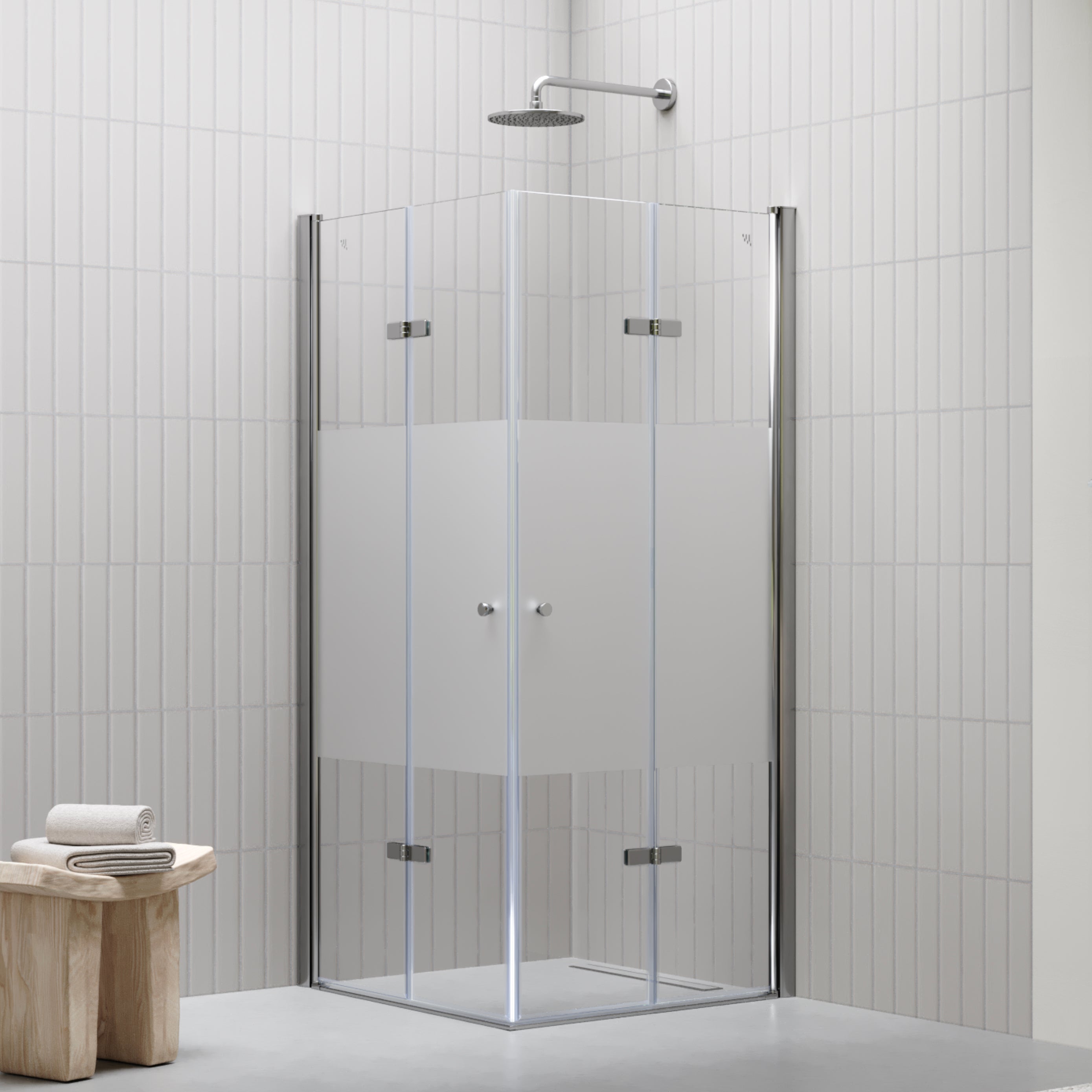 EMMA - Cabine de duche com vidro meio fosco 6mm - Portas articuladas e perfis em Inox