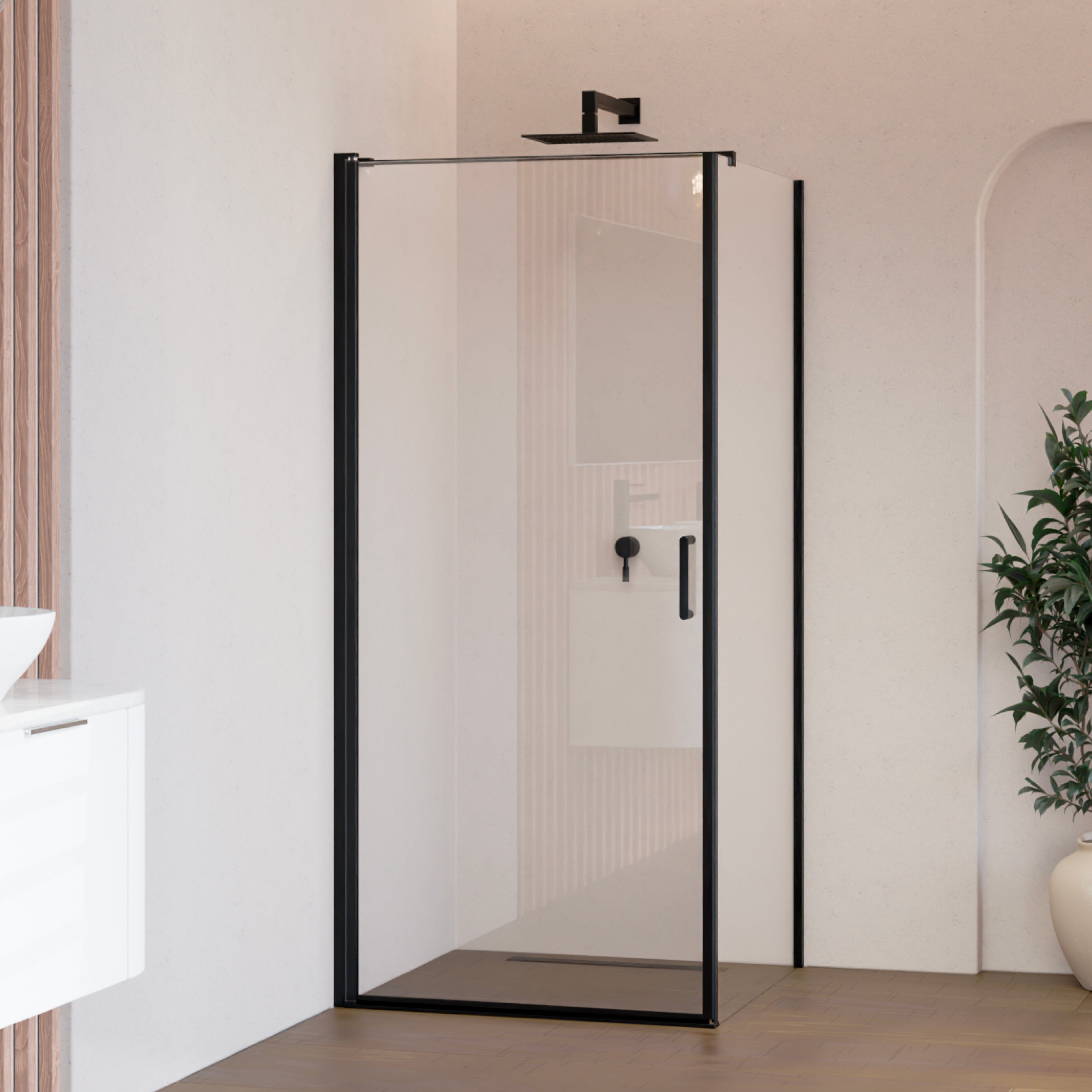 HELLEN - Cabine de duche de frontal com portas articuladas em vidro temperado e perfis em preto