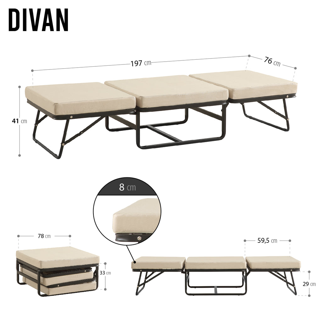DIVAN 2 in 1 Premium | Letto pieghevole per ospiti con pouf convertibile e materasso beige