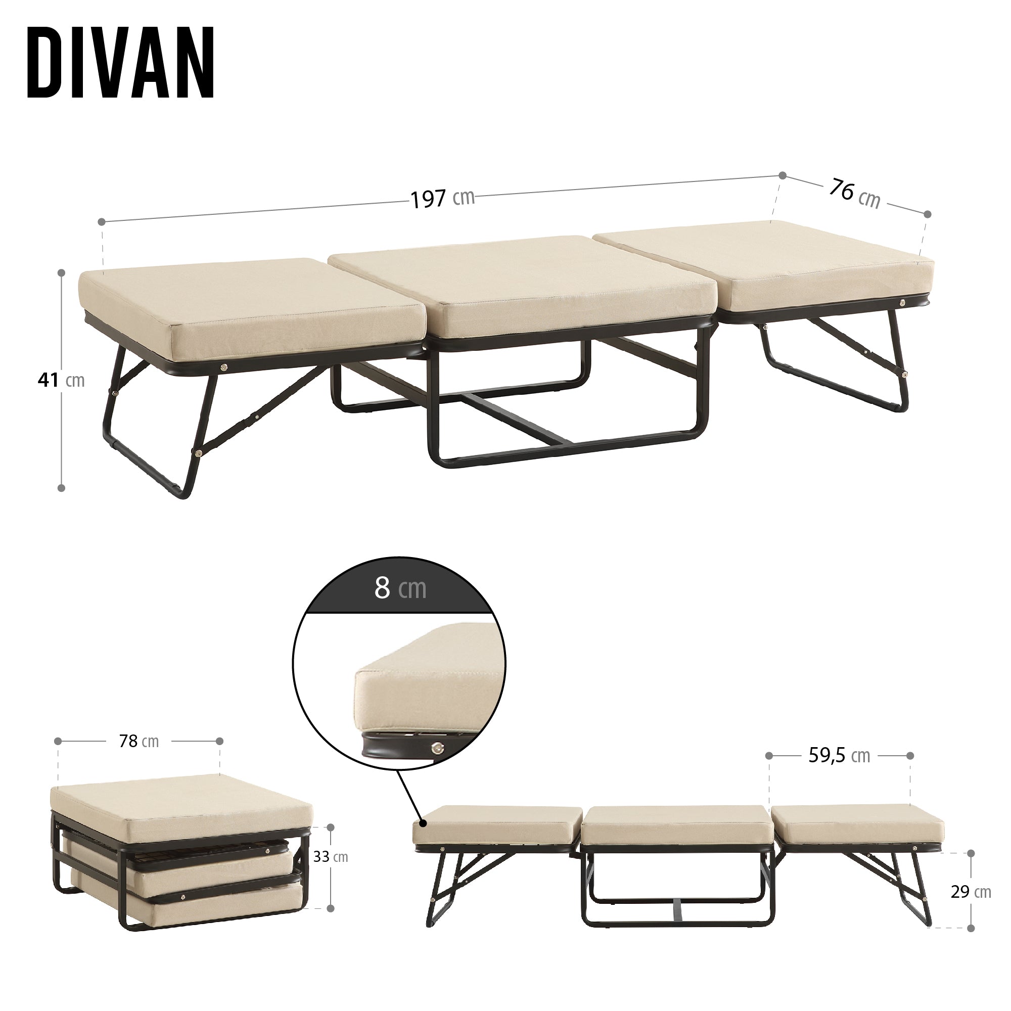 DIVAN 2 in 1 Premium | Letto pieghevole per ospiti con pouf convertibile e materasso beige