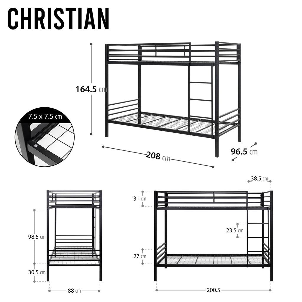 CHRISTIAN - Letto a castello doppio in metallo nero/bianco