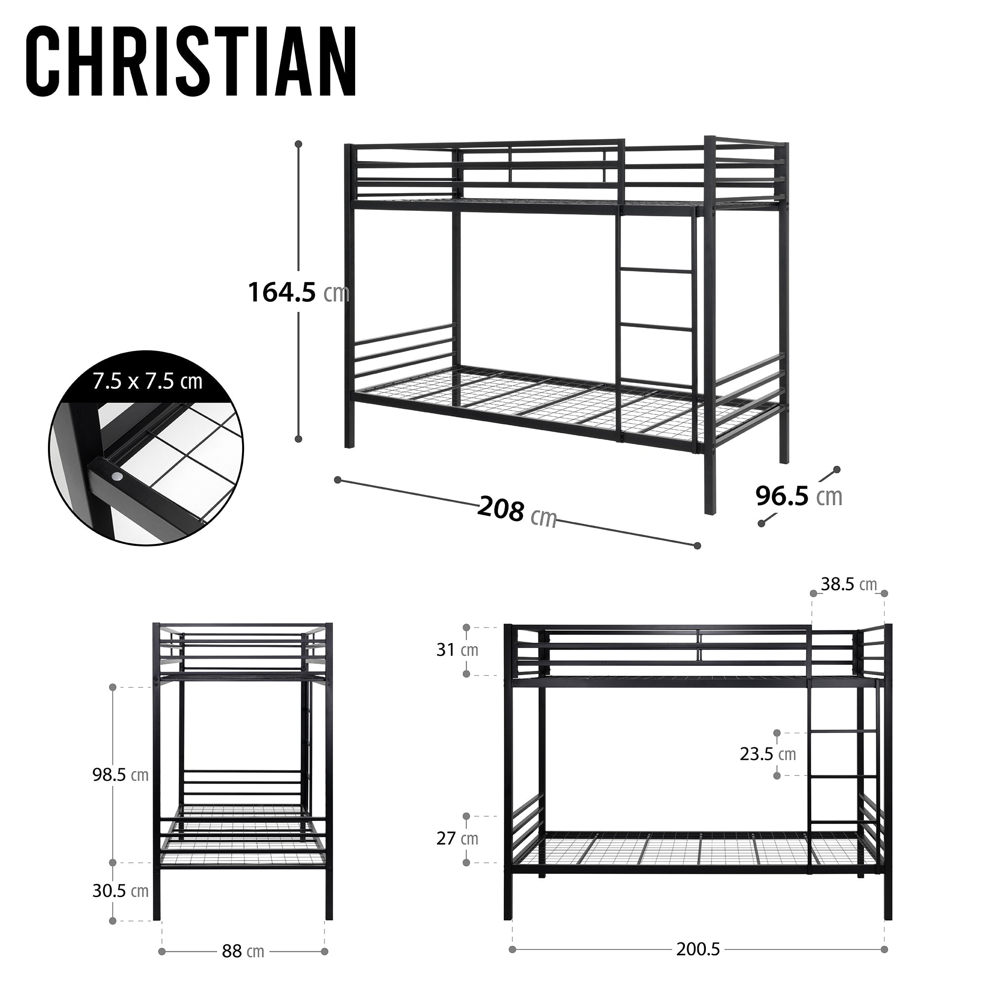 CHRISTIAN - Letto a castello doppio in metallo nero/bianco