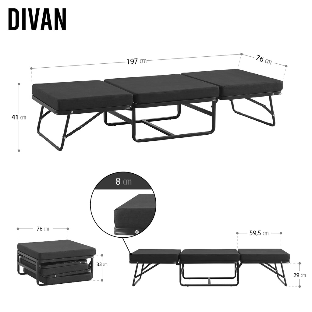 DIVAN 2 in 1 Premium | Letto pieghevole per ospiti con pouf convertibile e materasso nero