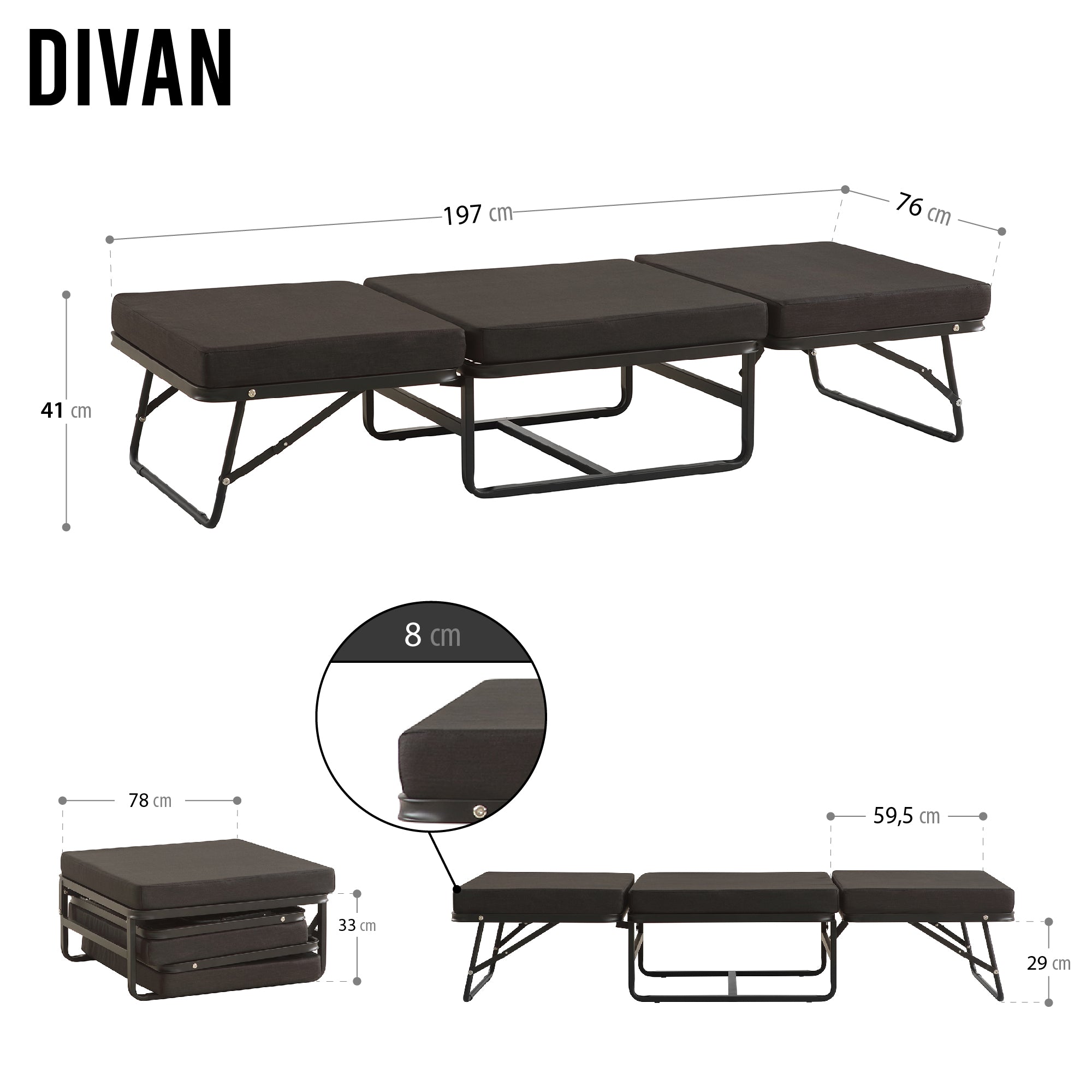 DIVAN 2 in 1 Premium | Letto pieghevole per ospiti con pouf convertibile e materasso marrone