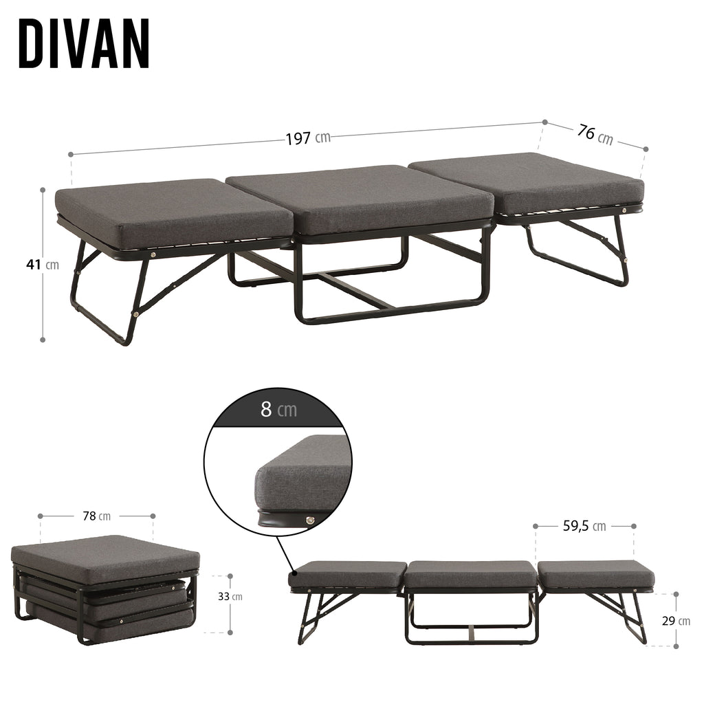 DIVAN 2 in 1 Premium | Letto pieghevole per ospiti con pouf convertibile e materasso grigio