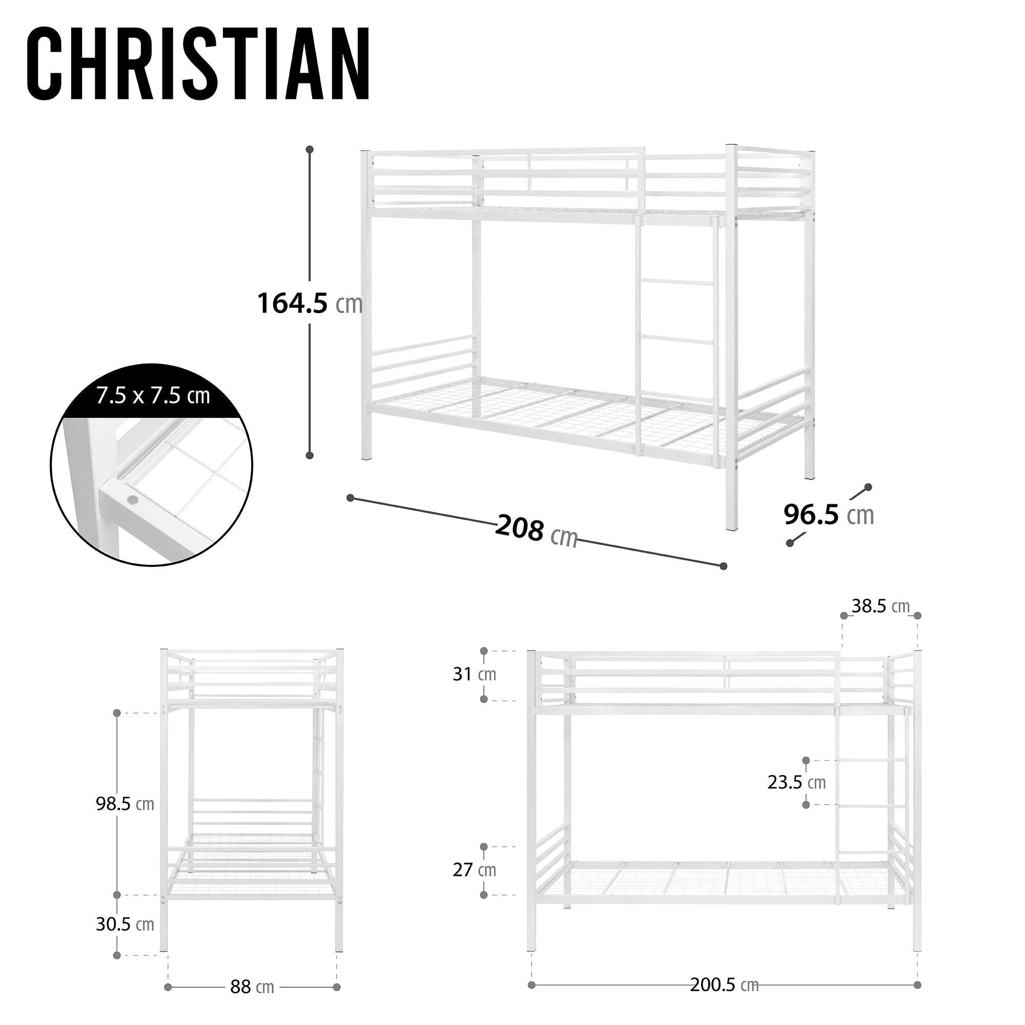 CHRISTIAN - Letto a castello doppio in metallo nero/bianco