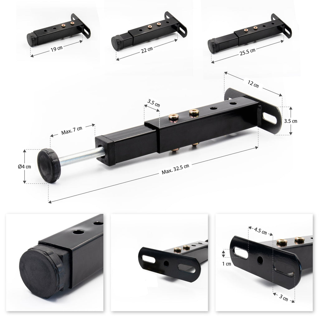 Pata metálica en T regulable de 19–32,5 cm para muebles, hasta 180 kg, negro