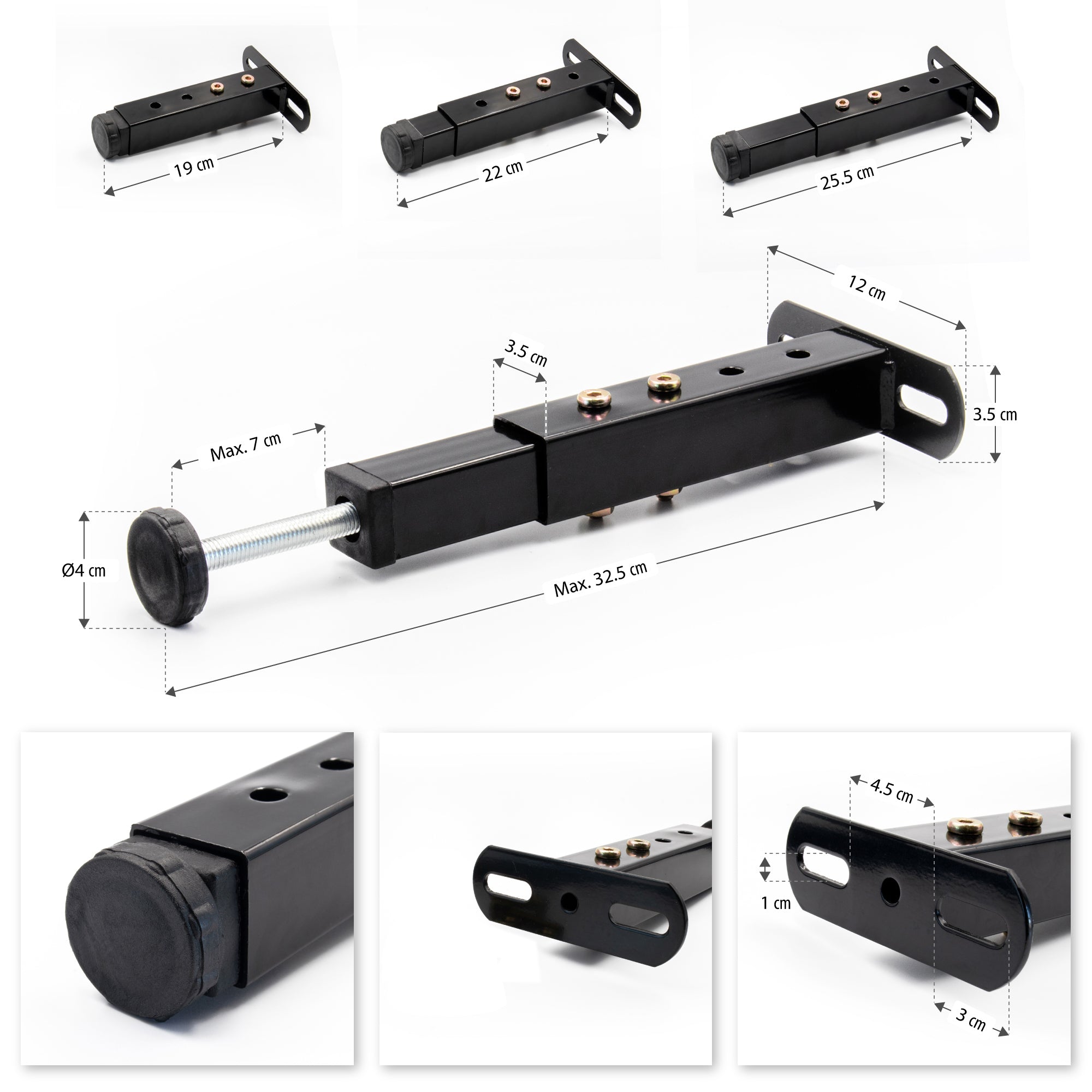 Pata metálica en T regulable de 19–32,5 cm para muebles, hasta 180 kg, negro