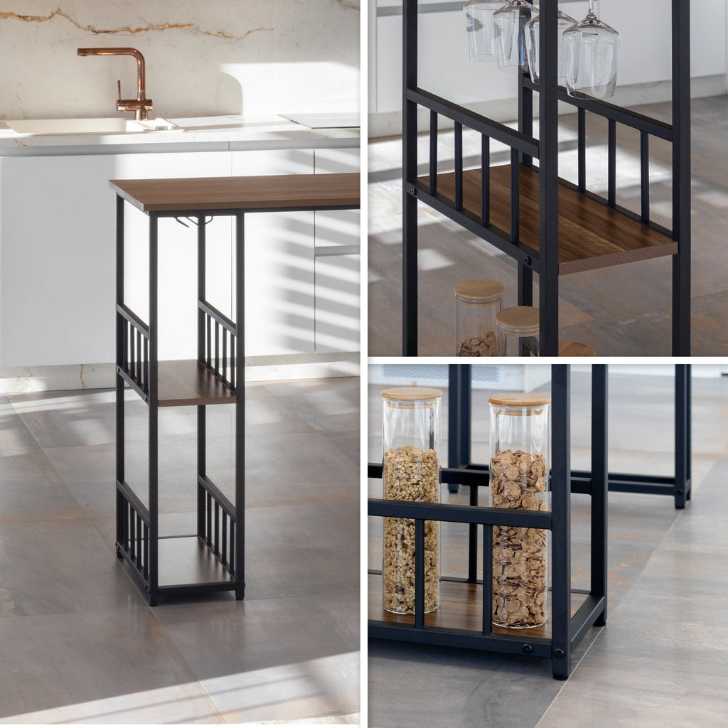 GAVIN - Mesa de bar 110x50 cm, altura 105 cm, con 2 estantes y portacopas, estructura de acero, estilo industrial, negro