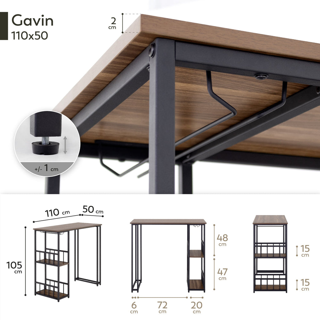 GAVIN - Mesa de bar 110x50 cm, altura 105 cm, con 2 estantes y portacopas, estructura de acero, estilo industrial, negro