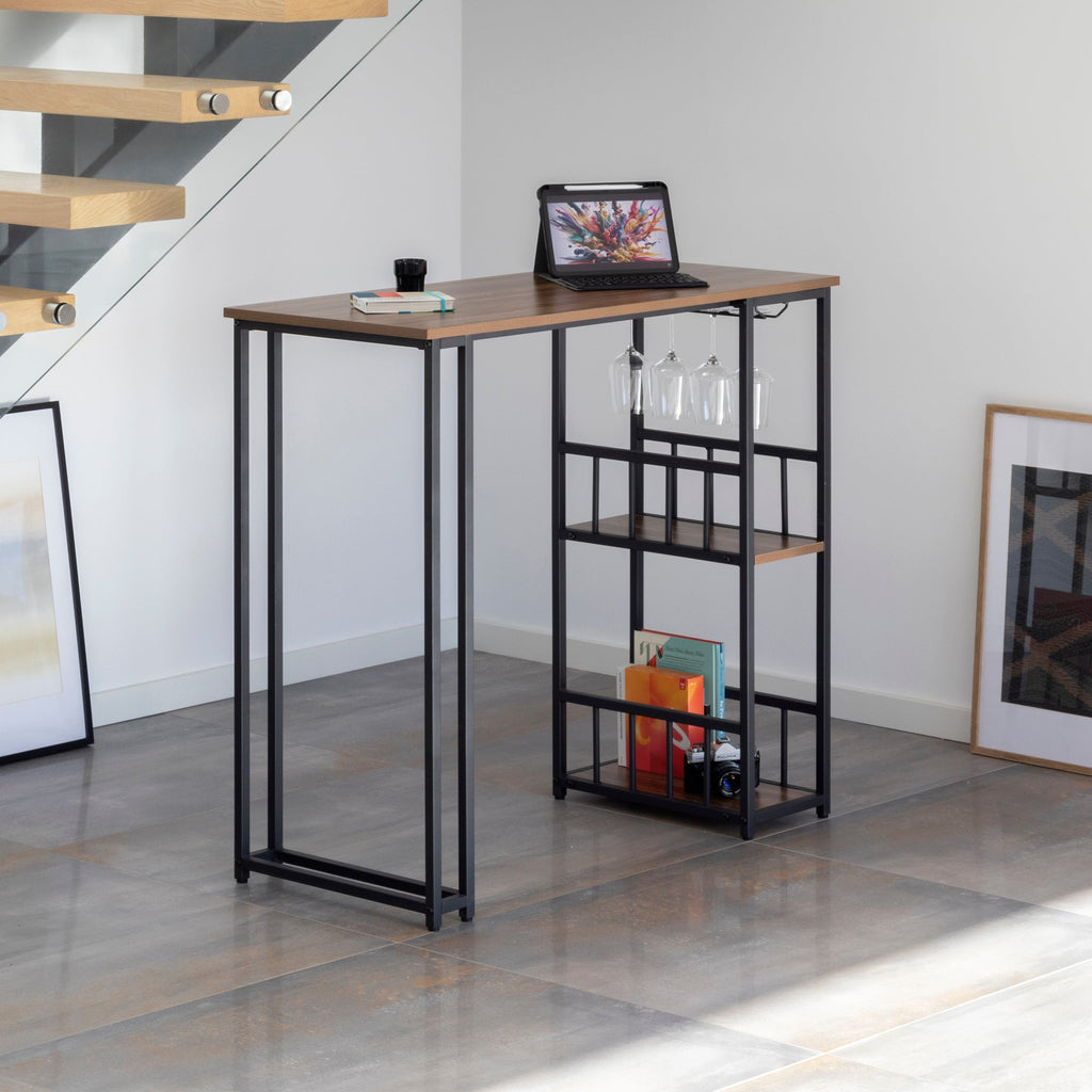 GAVIN - Mesa de bar 110x50 cm, altura 105 cm, con 2 estantes y portacopas, estructura de acero, estilo industrial, negro