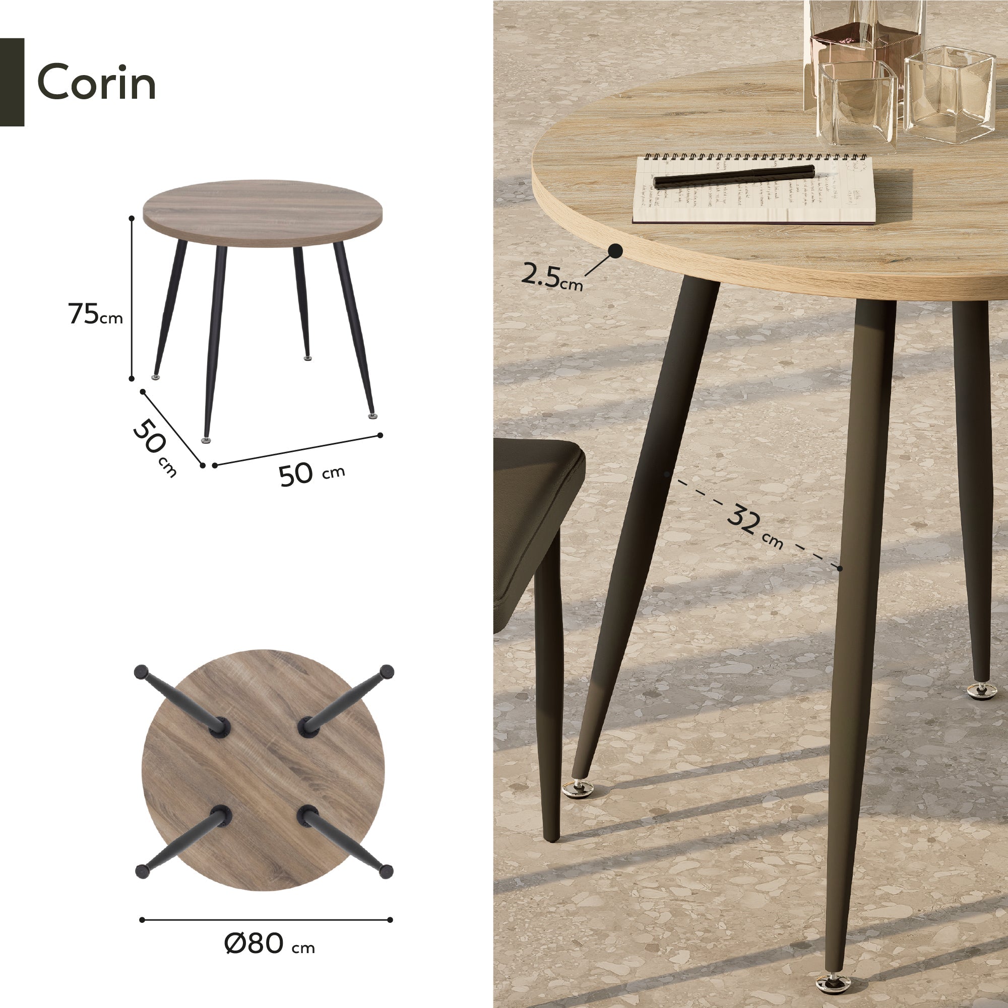 CORIN - Mesa de comedor con tablero de melamina