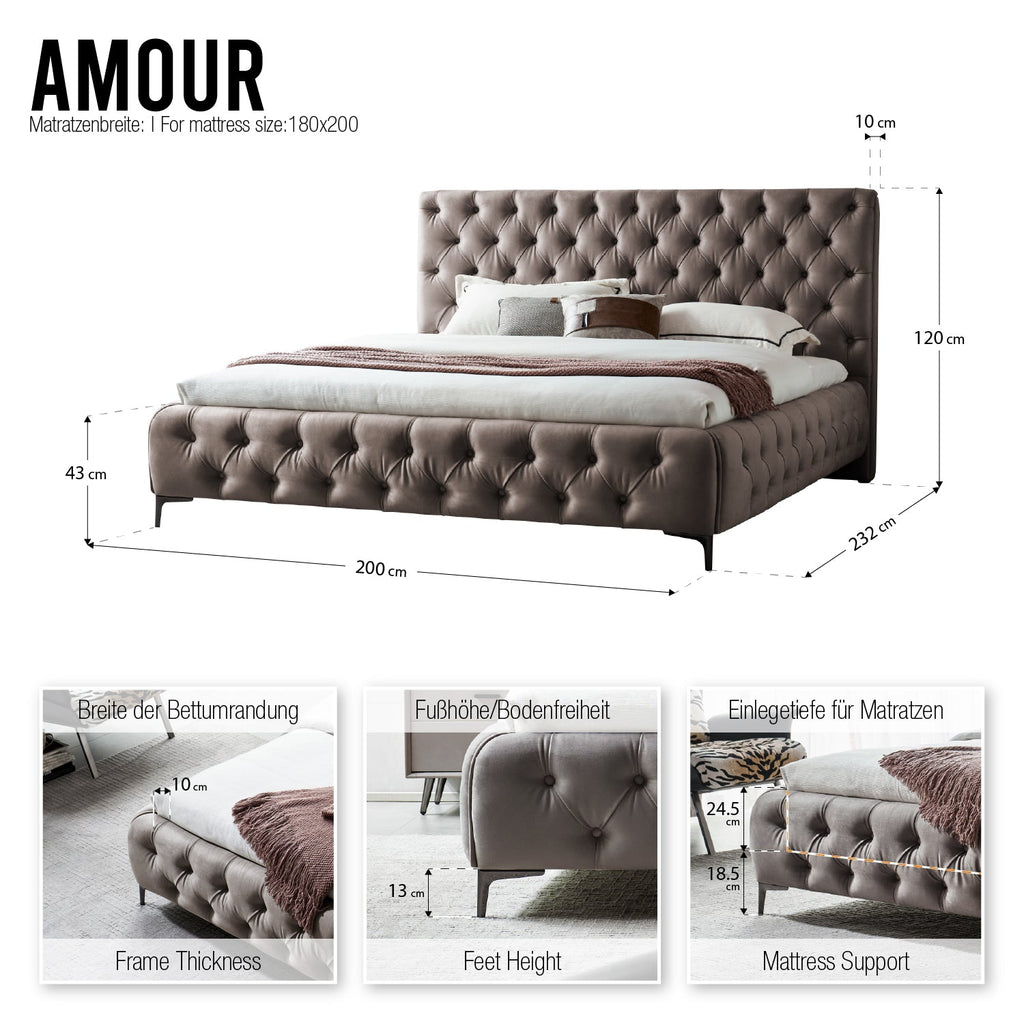 AMOUR – Cama estofada branca ou cinzenta com cabeceira acolchoada, com ou sem cristais
