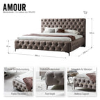 AMOUR – Cama estofada branca ou cinzenta com cabeceira acolchoada, com ou sem cristais
